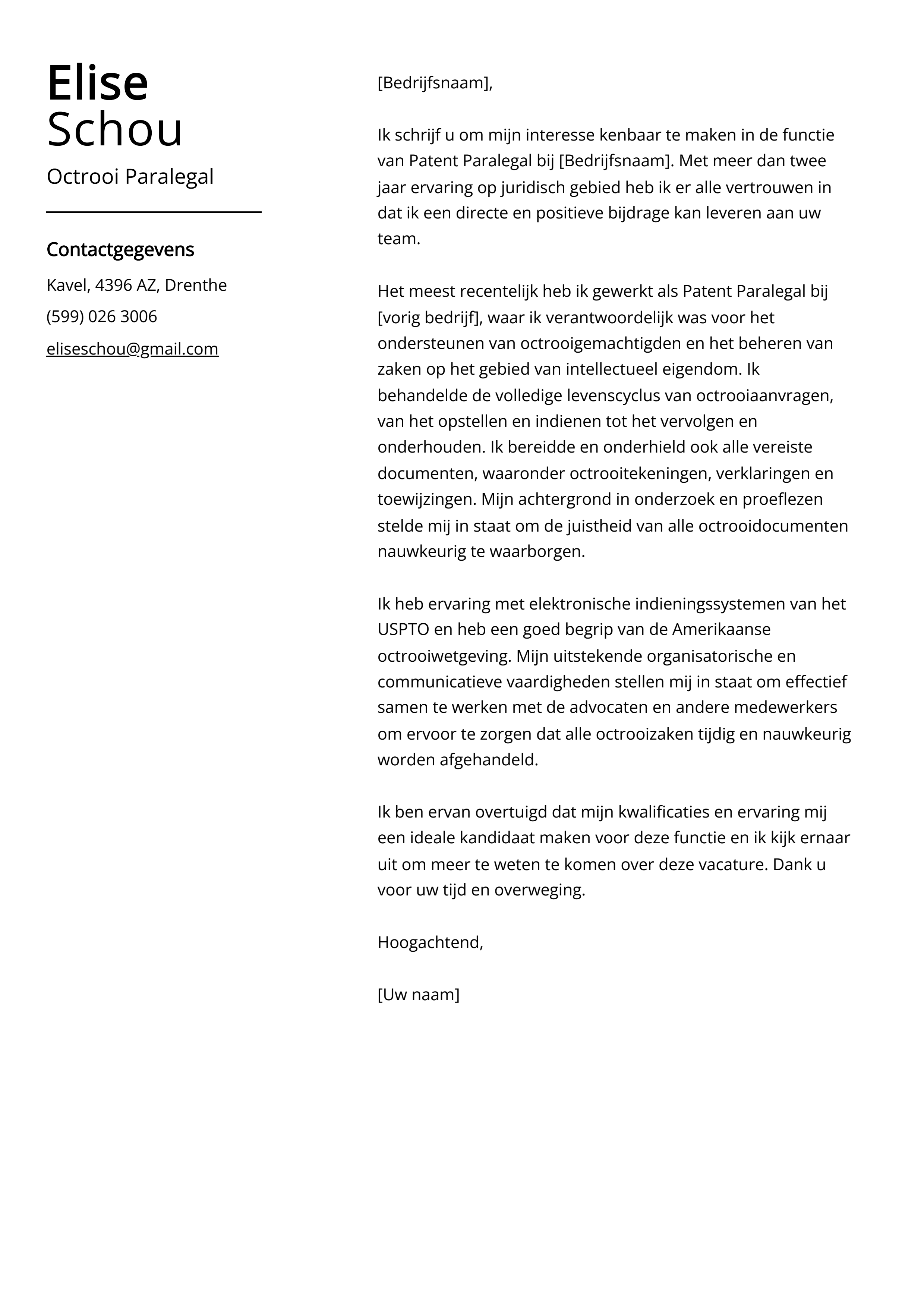 Octrooi Paralegal Sollicitatiebrief Voorbeeld