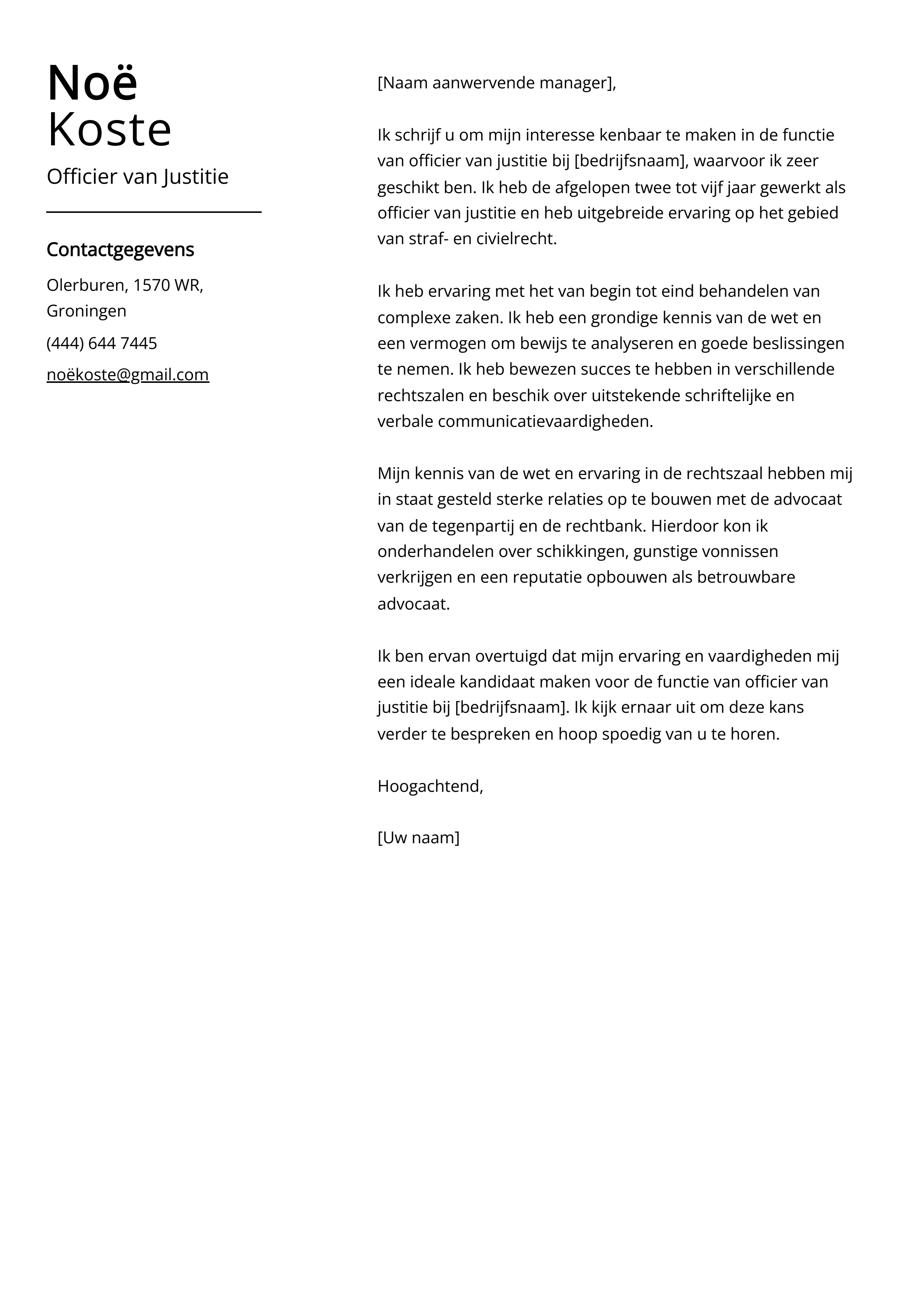 Officier van Justitie Cover Letter Voorbeeld