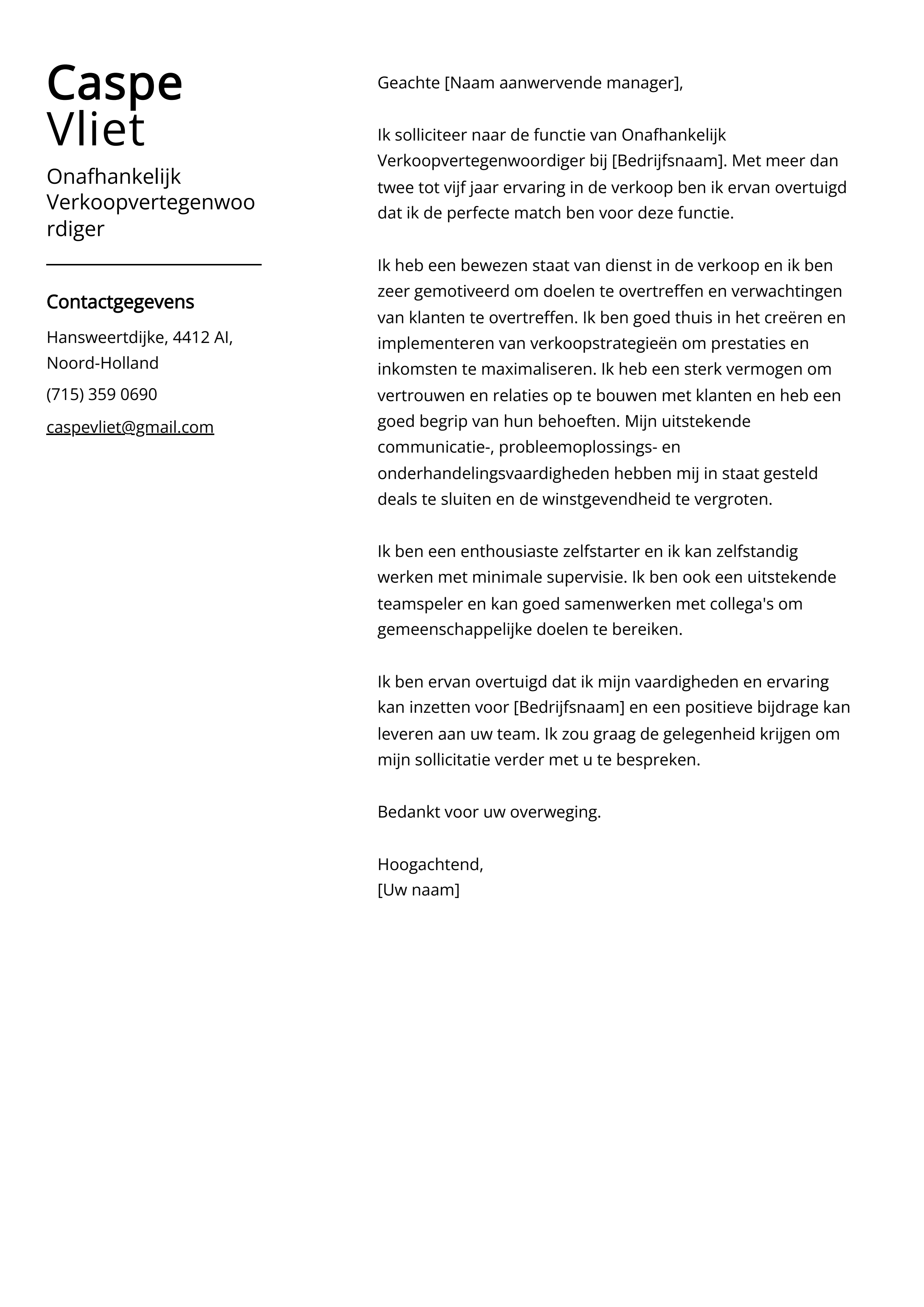 Onafhankelijk Verkoopvertegenwoordiger Voorbeeld Cover Letter