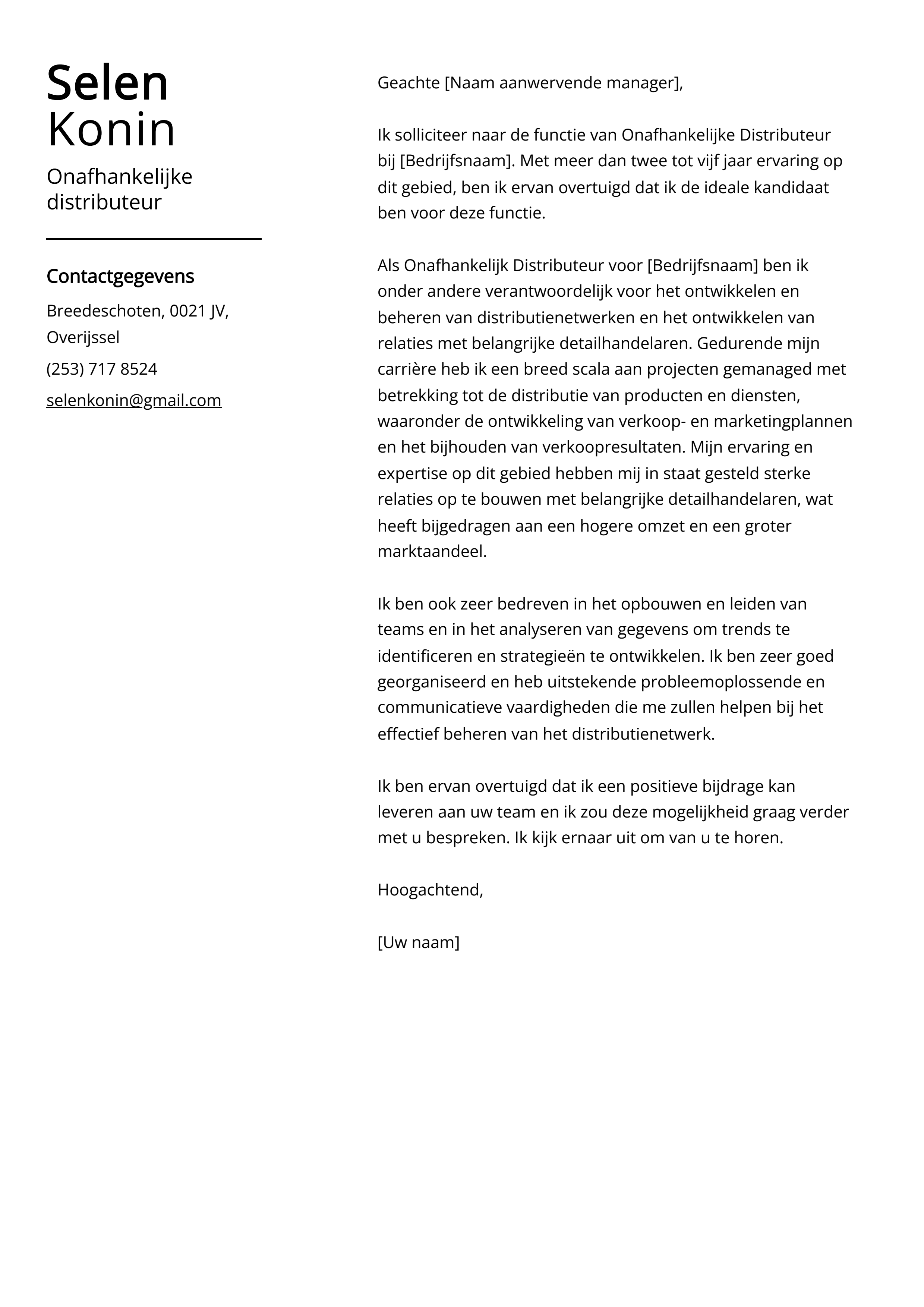 Voorbeeld sollicitatiebrief voor onfhankelijke distributeur