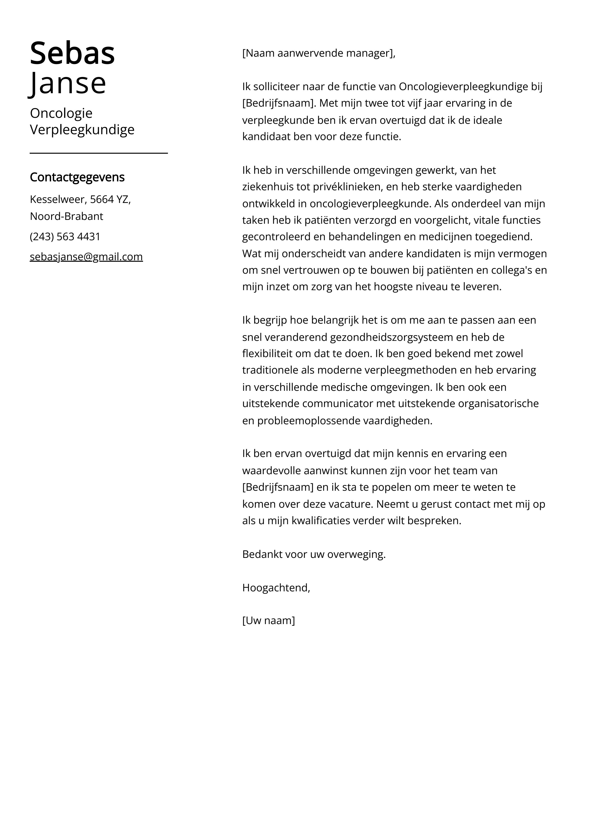 Oncologie Verpleegkundige Sollicitatiebrief Voorbeeld