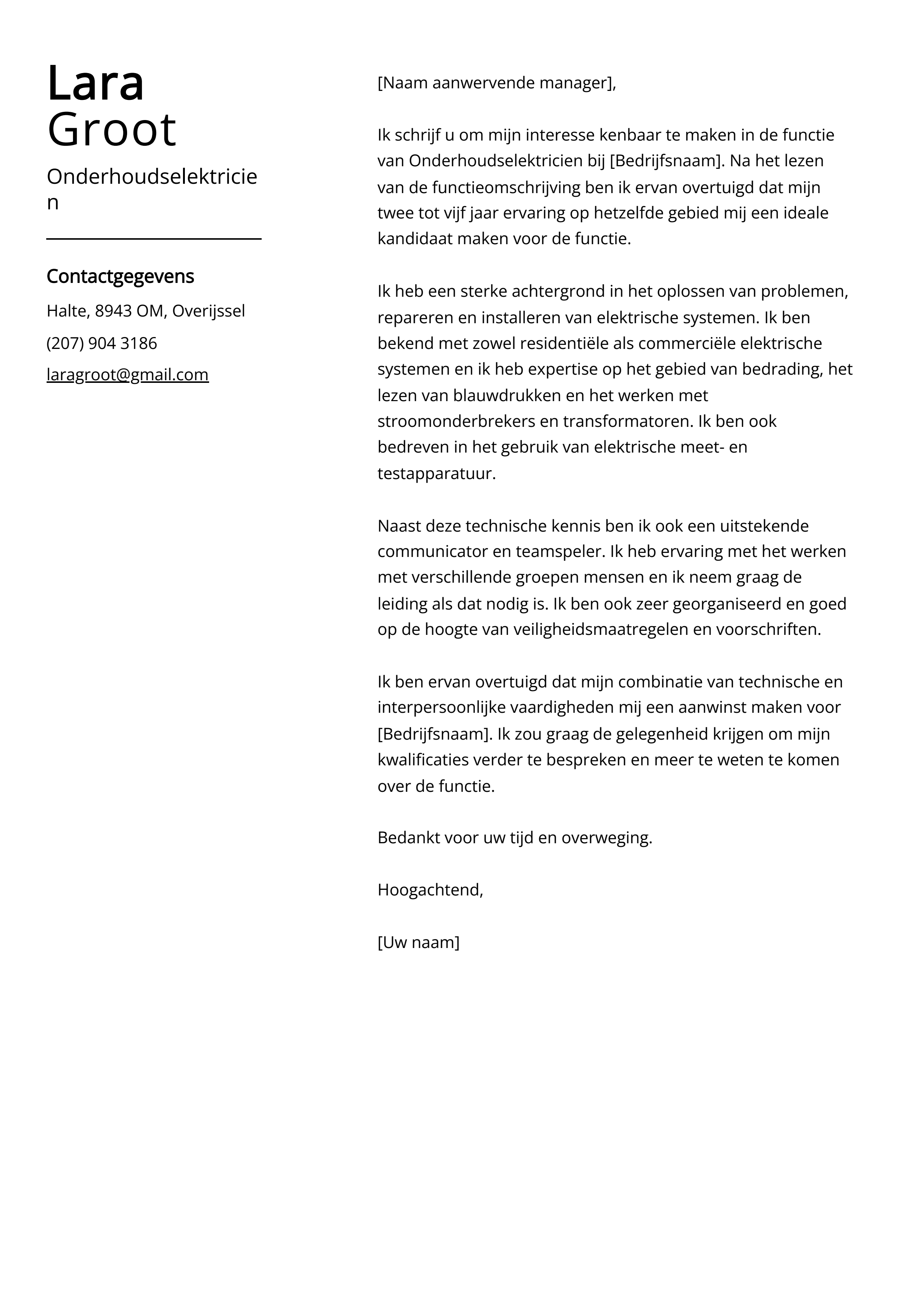 Onderhoudselektricien Sollicitatiebrief Voorbeeld