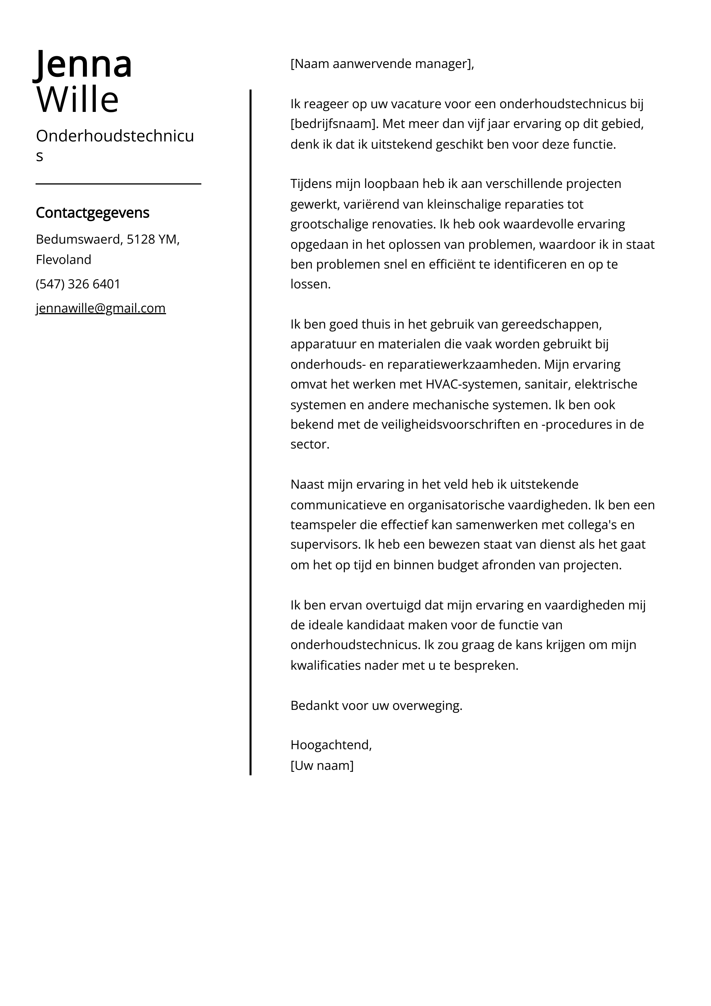 Onderhoudstechnicus Sollicitatiebrief Voorbeeld