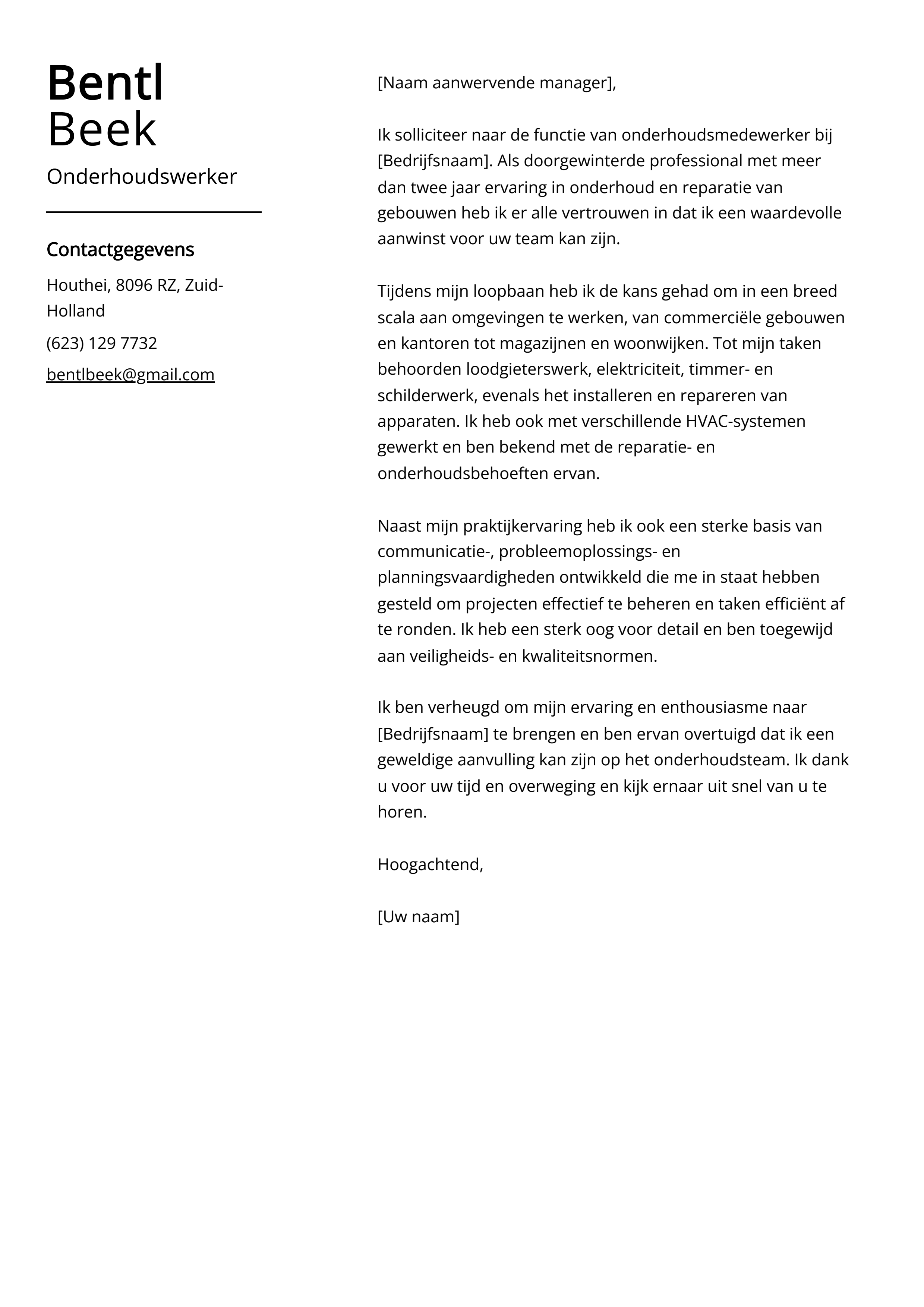 Onderhoudswerker Sollicitatiebrief Voorbeeld