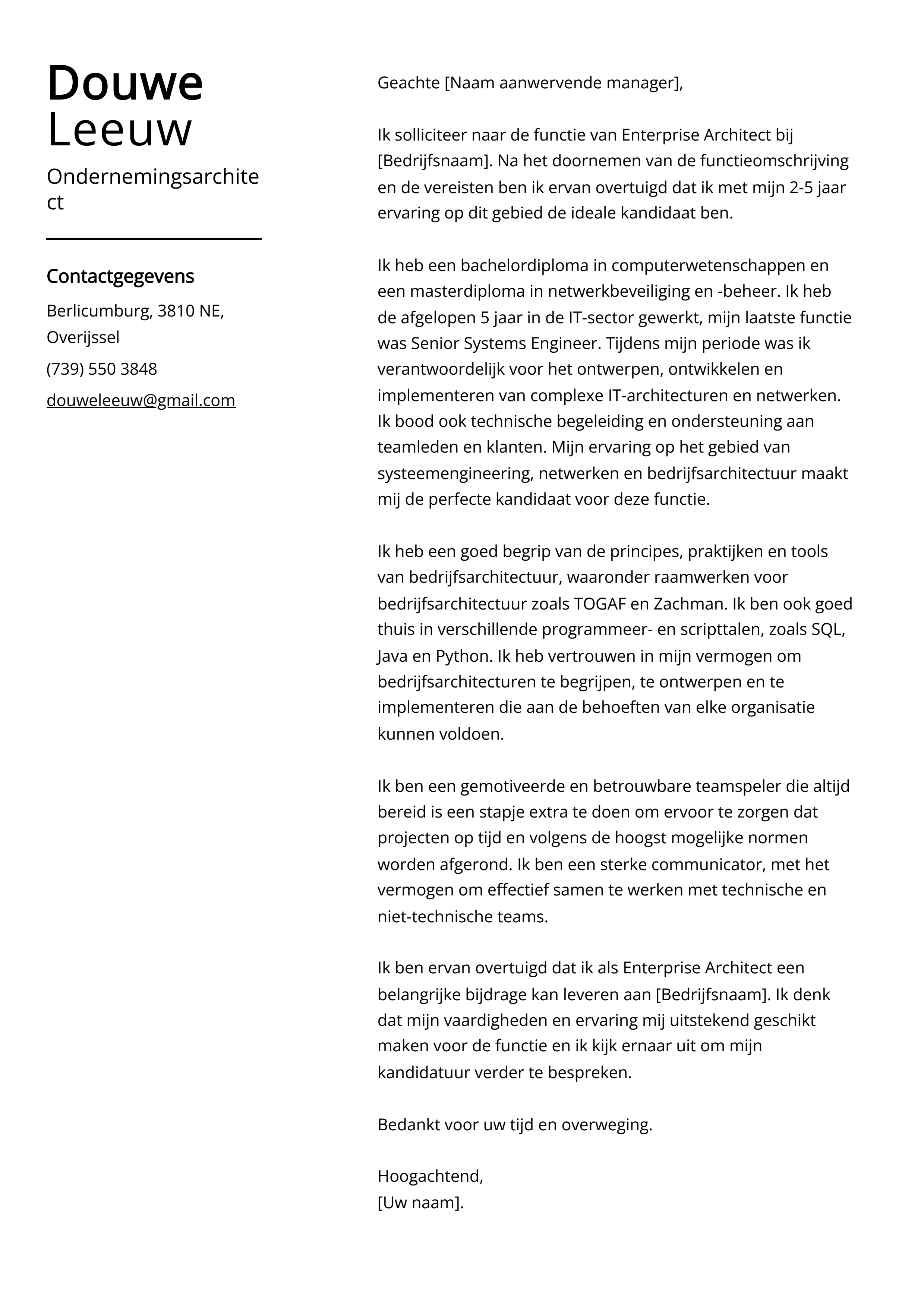 Ondernemingsarchitect Voorbeeld sollicitatiebrief