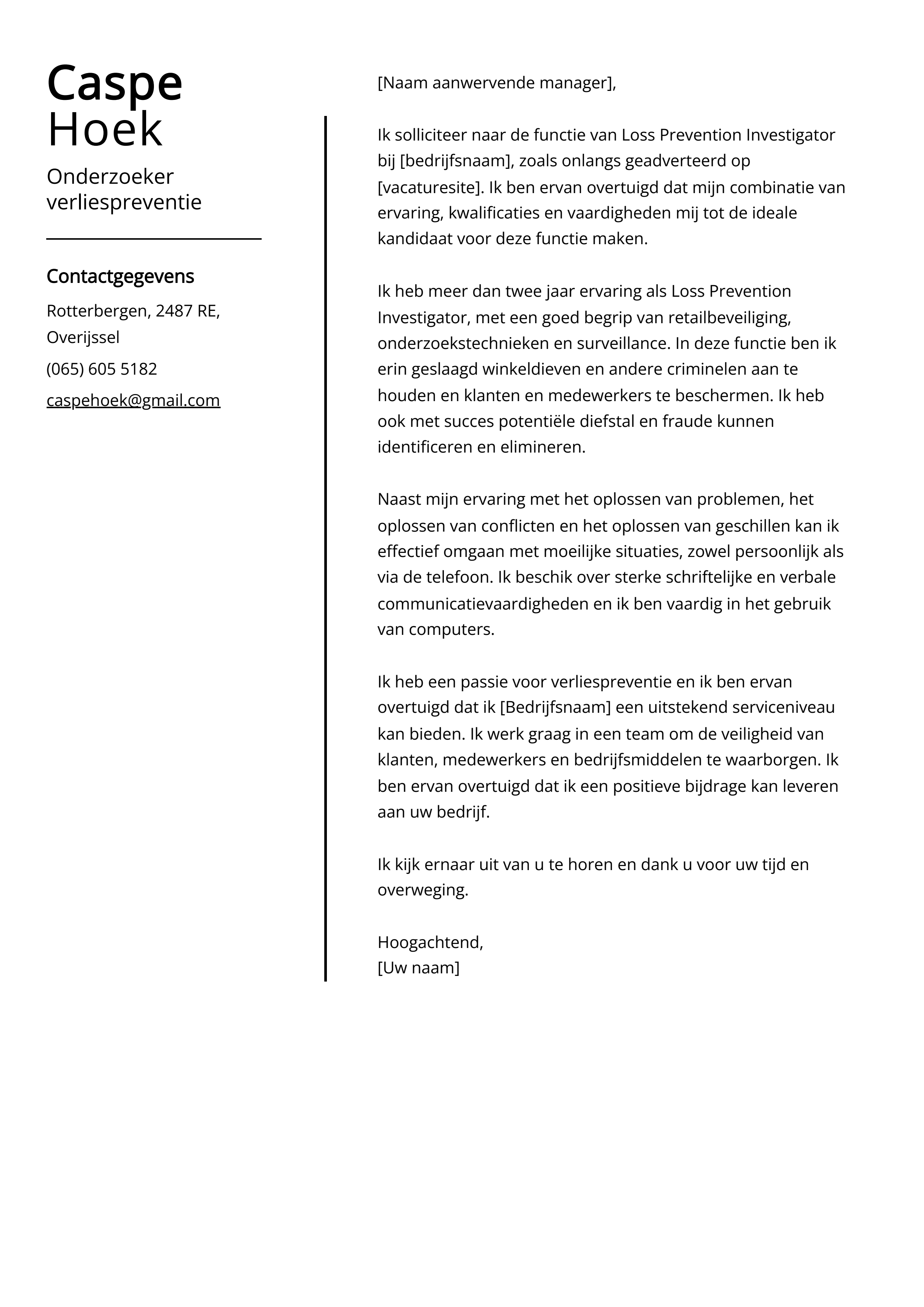 Onderzoeker verliespreventie Cover Letter Voorbeeld