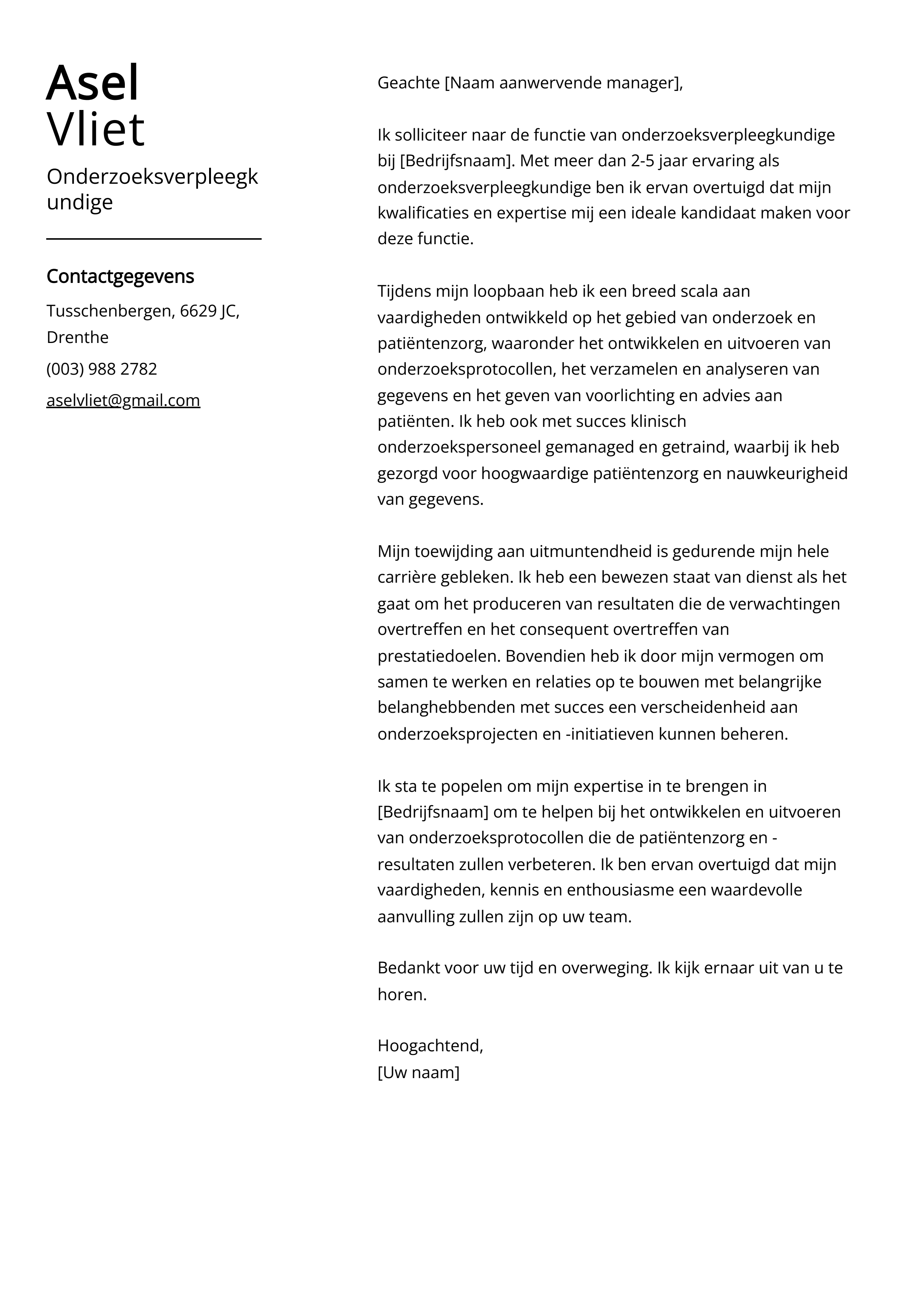 Onderzoeksverpleegkundige sollicitatiebrief Voorbeeld