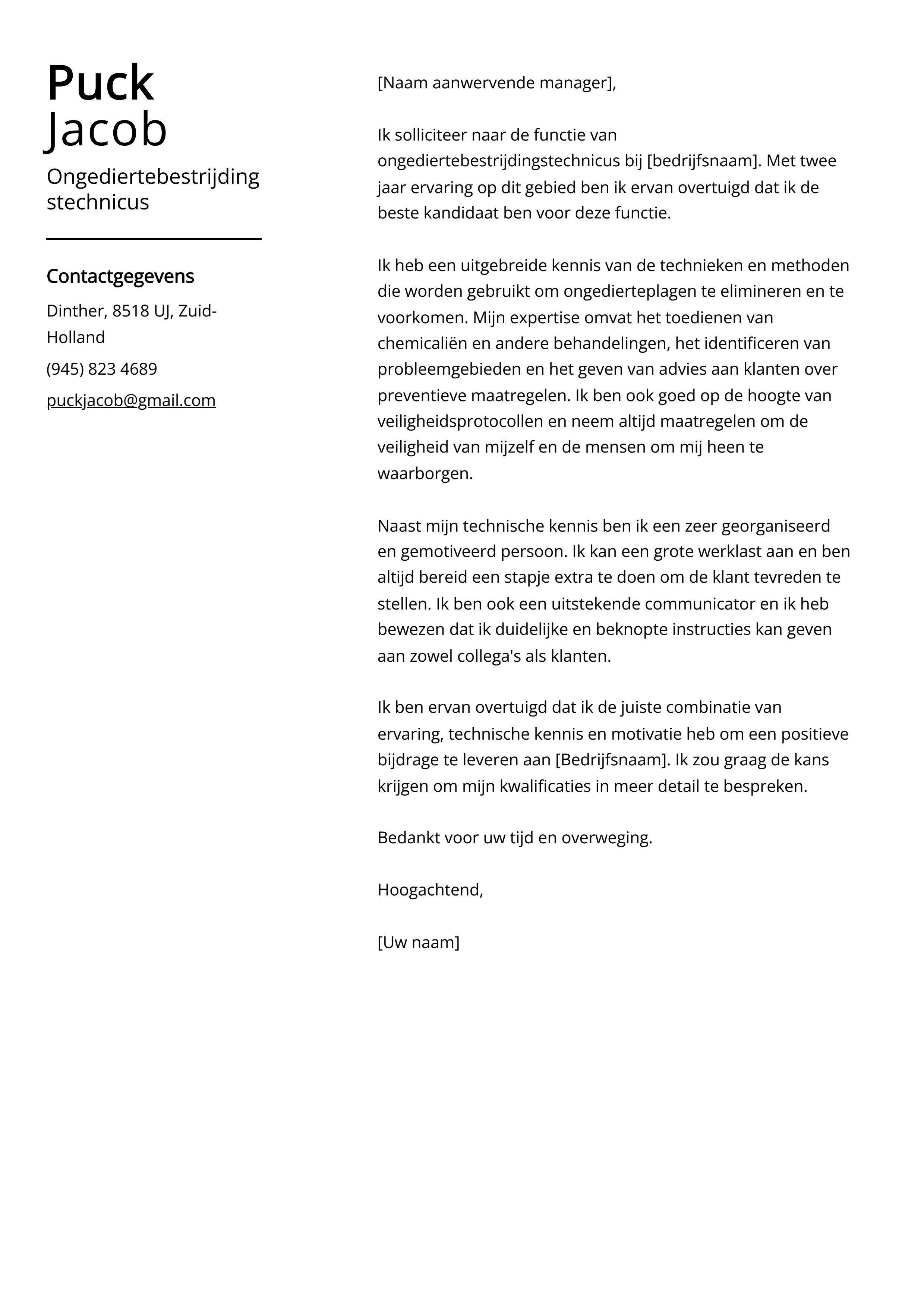 Ongediertebestrijdingstechnicus Voorbeeld sollicitatiebrief