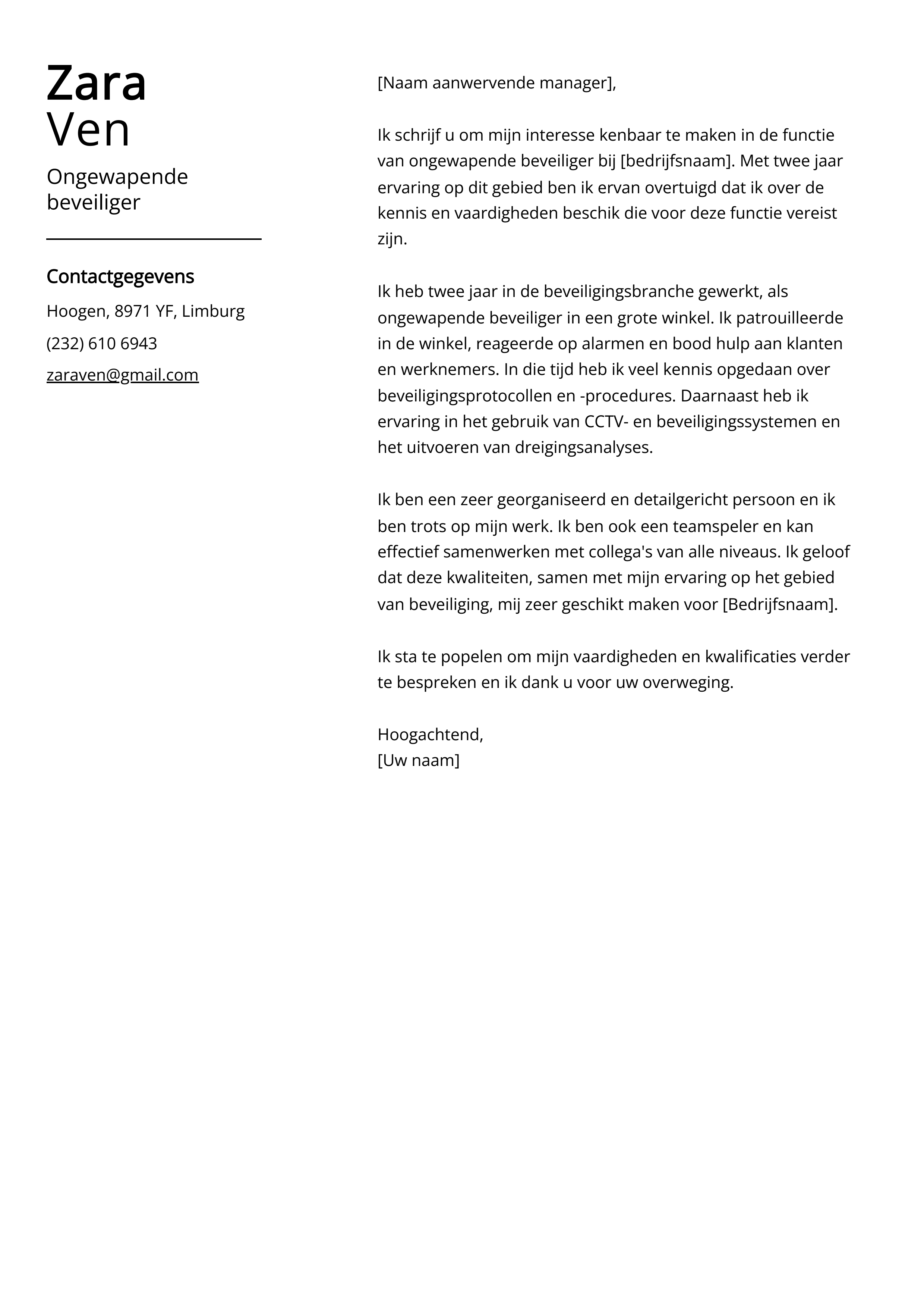 Ongewapende beveiliger Voorbeeld sollicitatiebrief