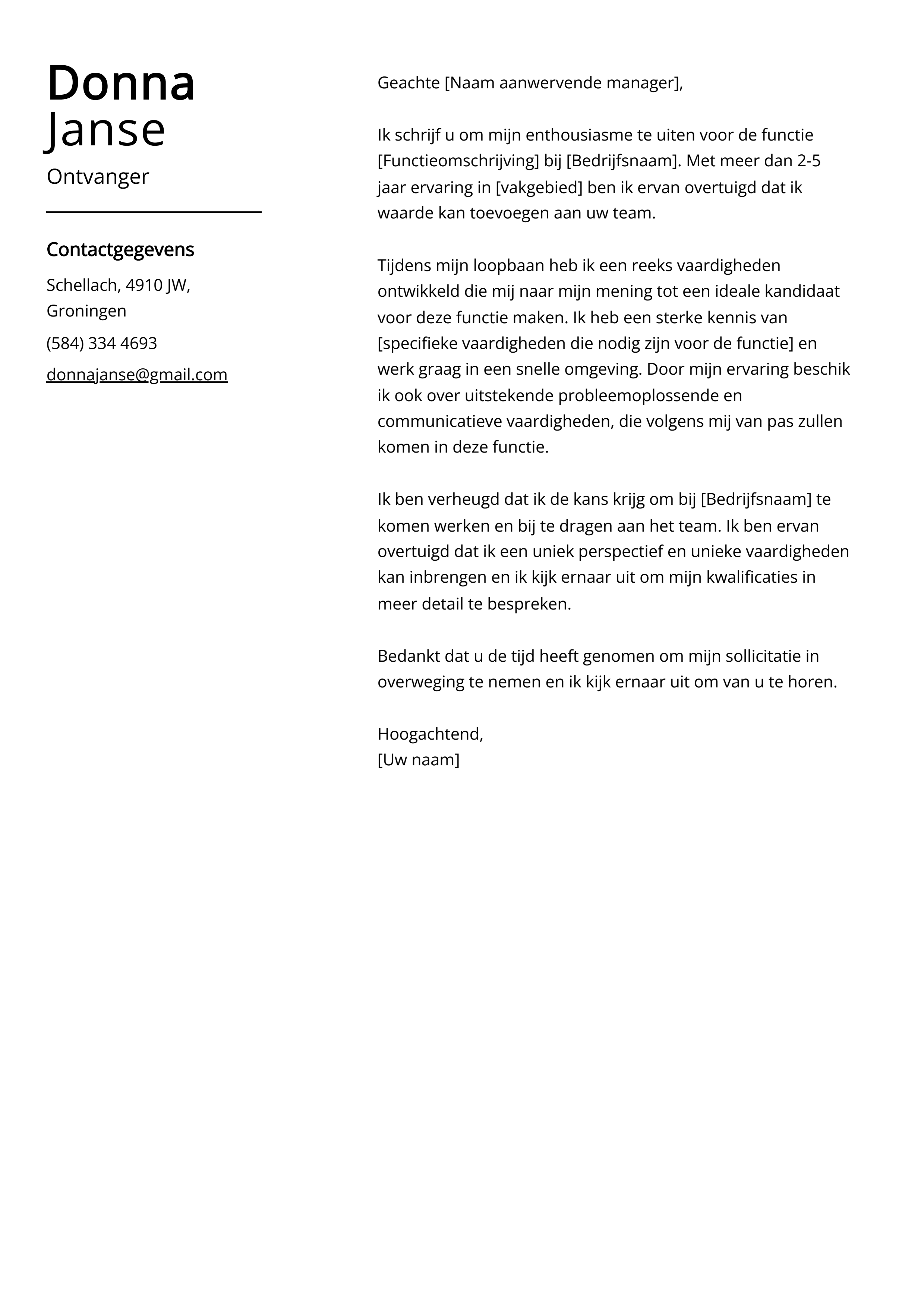 Ontvanger Sollicitatiebrief Voorbeeld