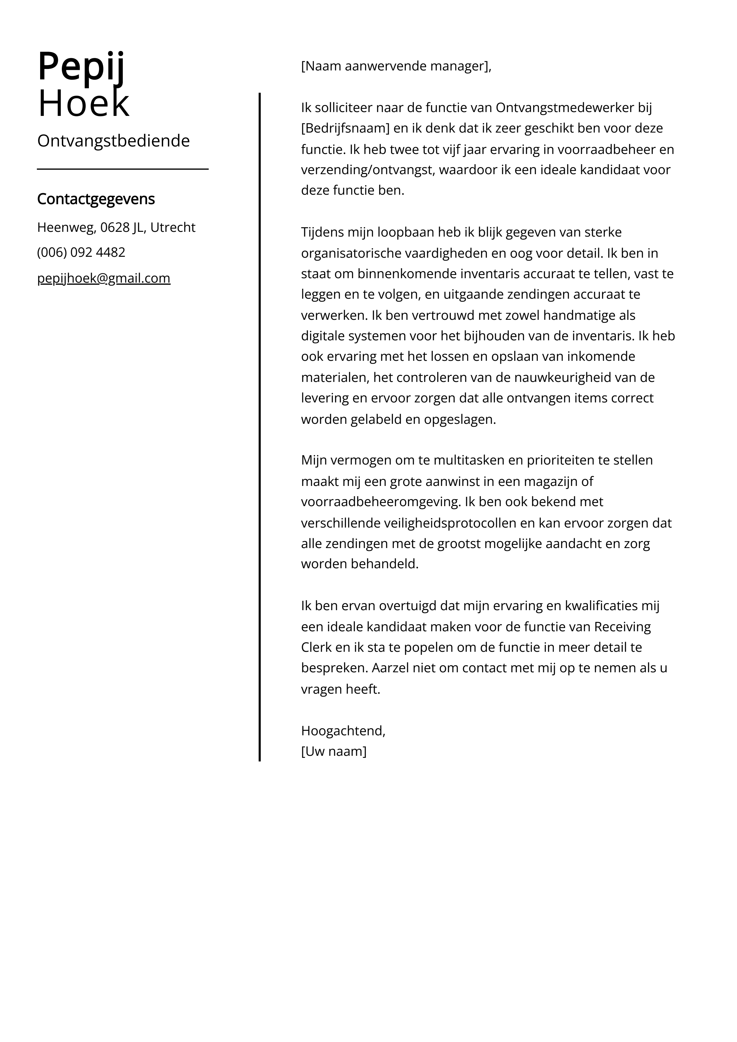 Ontvangstbediende Sollicitatiebrief Voorbeeld