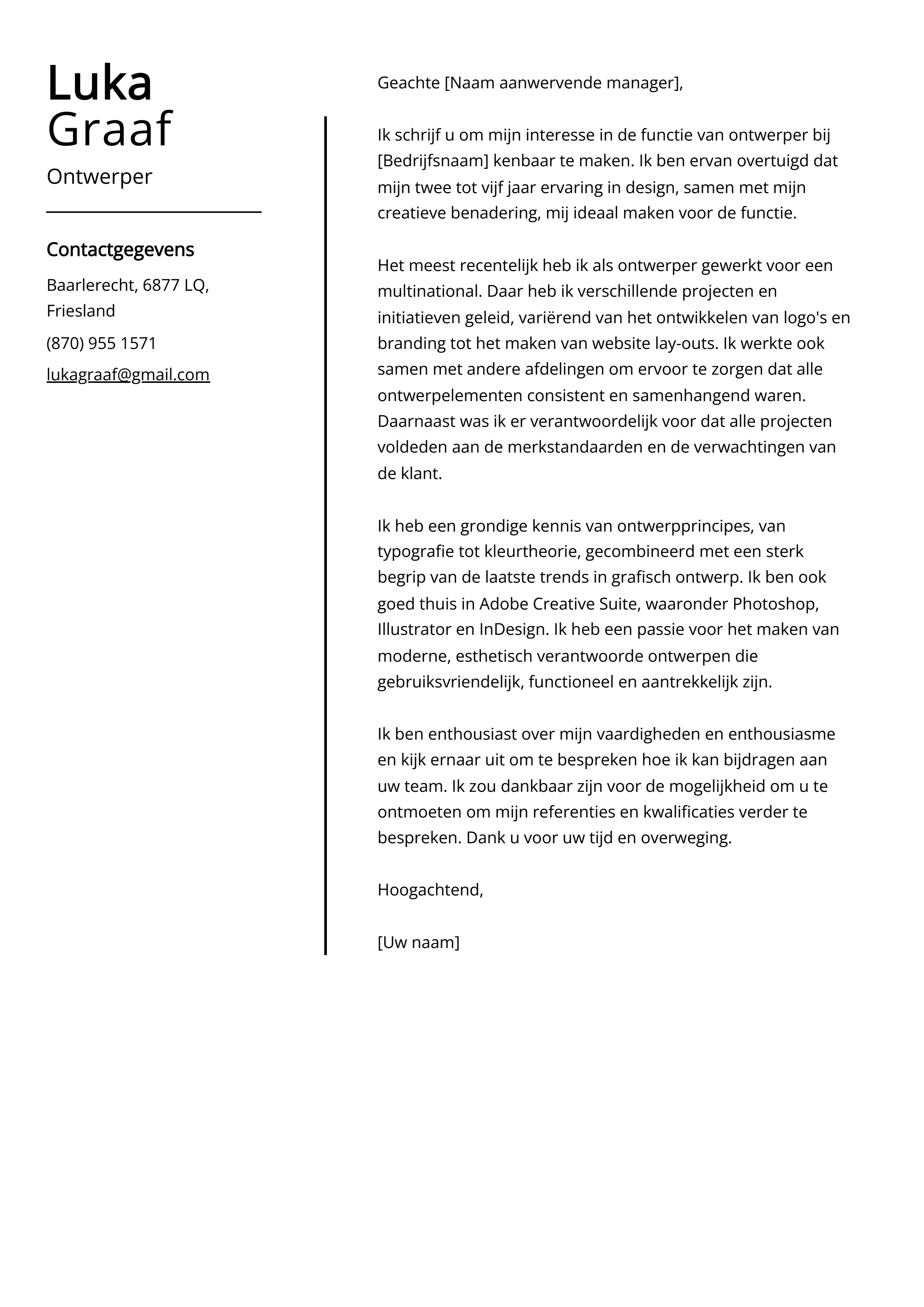 Ontwerper Sollicitatiebrief Voorbeeld