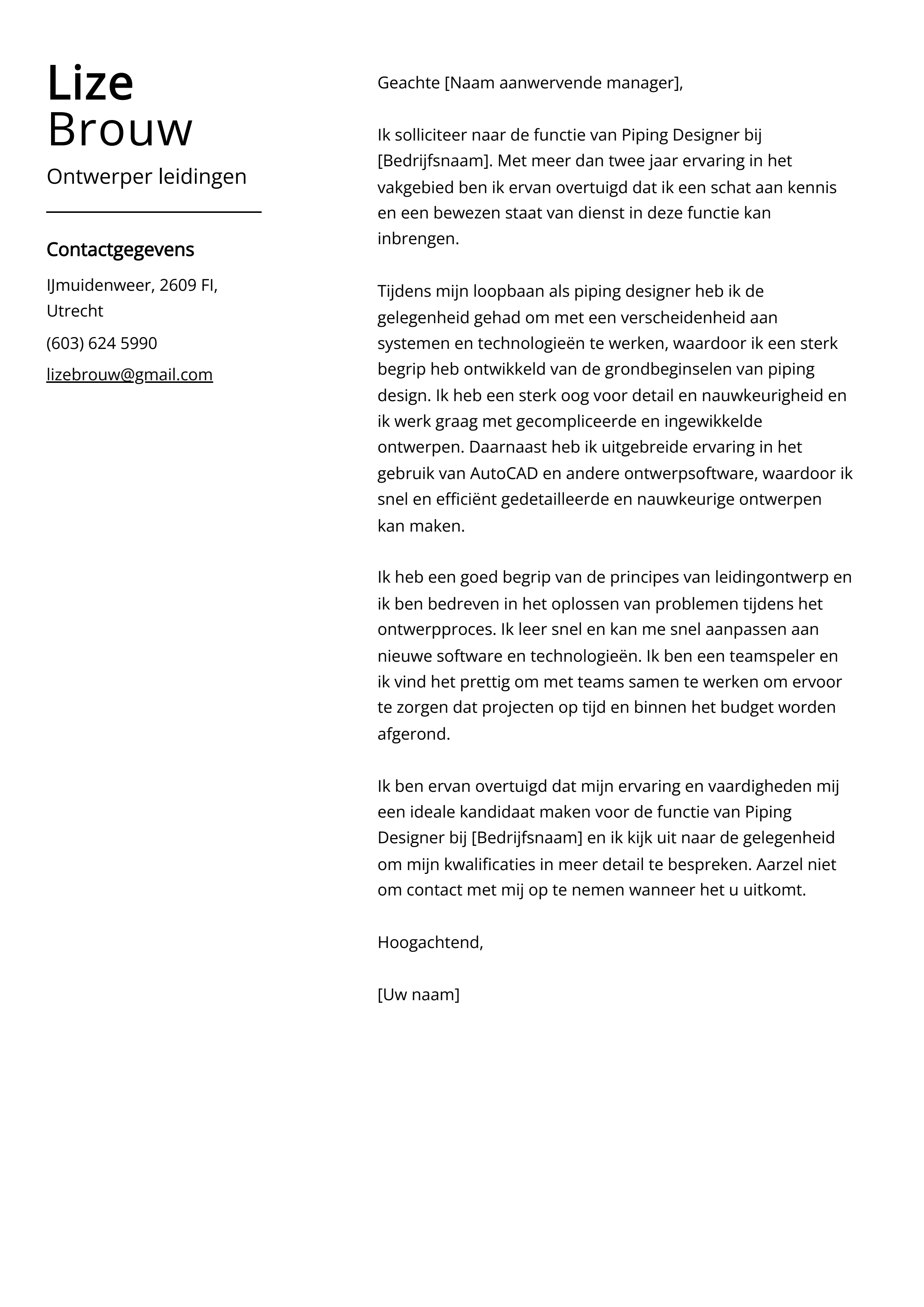 Ontwerper leidingen Cover Letter Voorbeeld