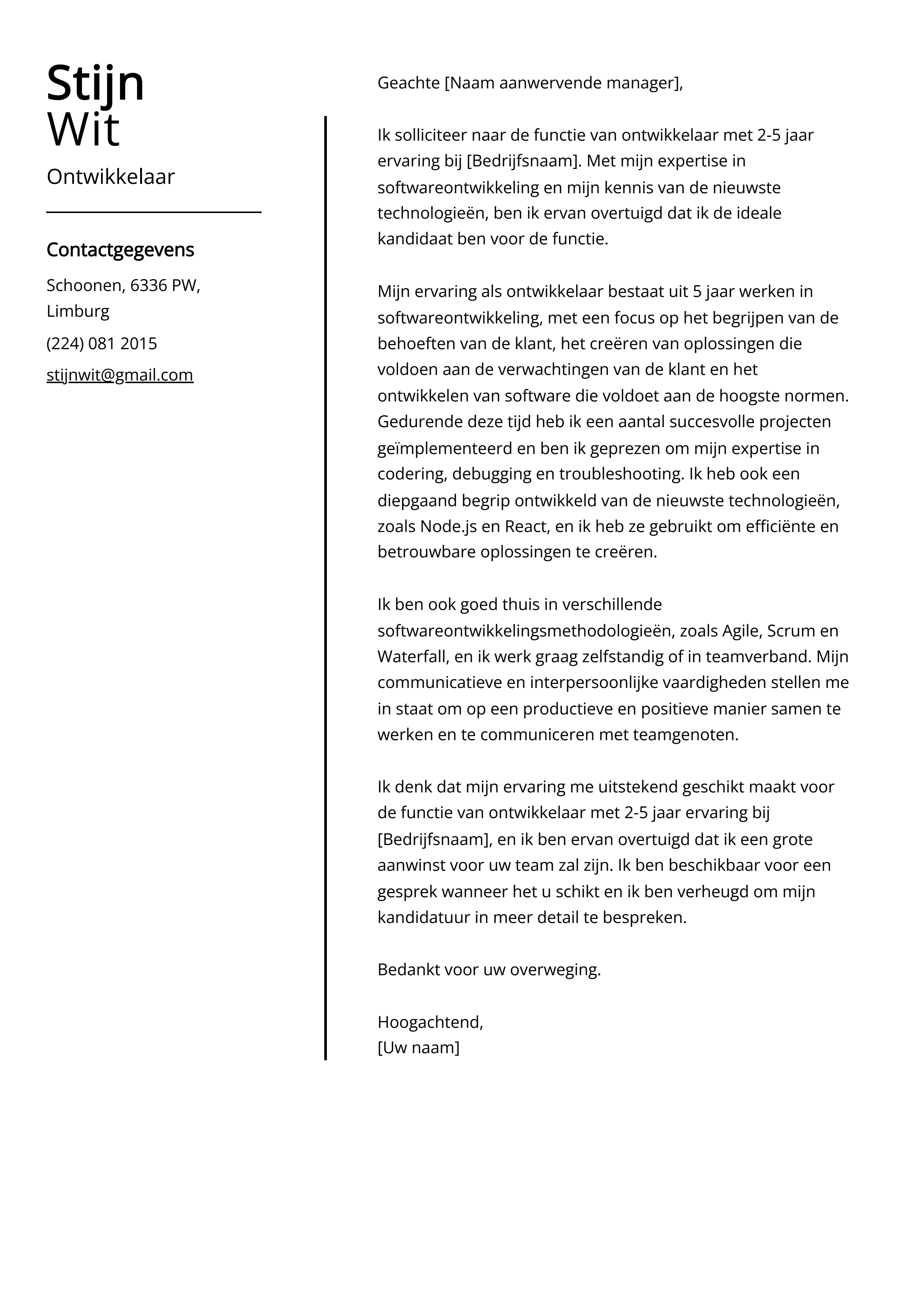 Ontwikkelaar Sollicitatiebrief Voorbeeld