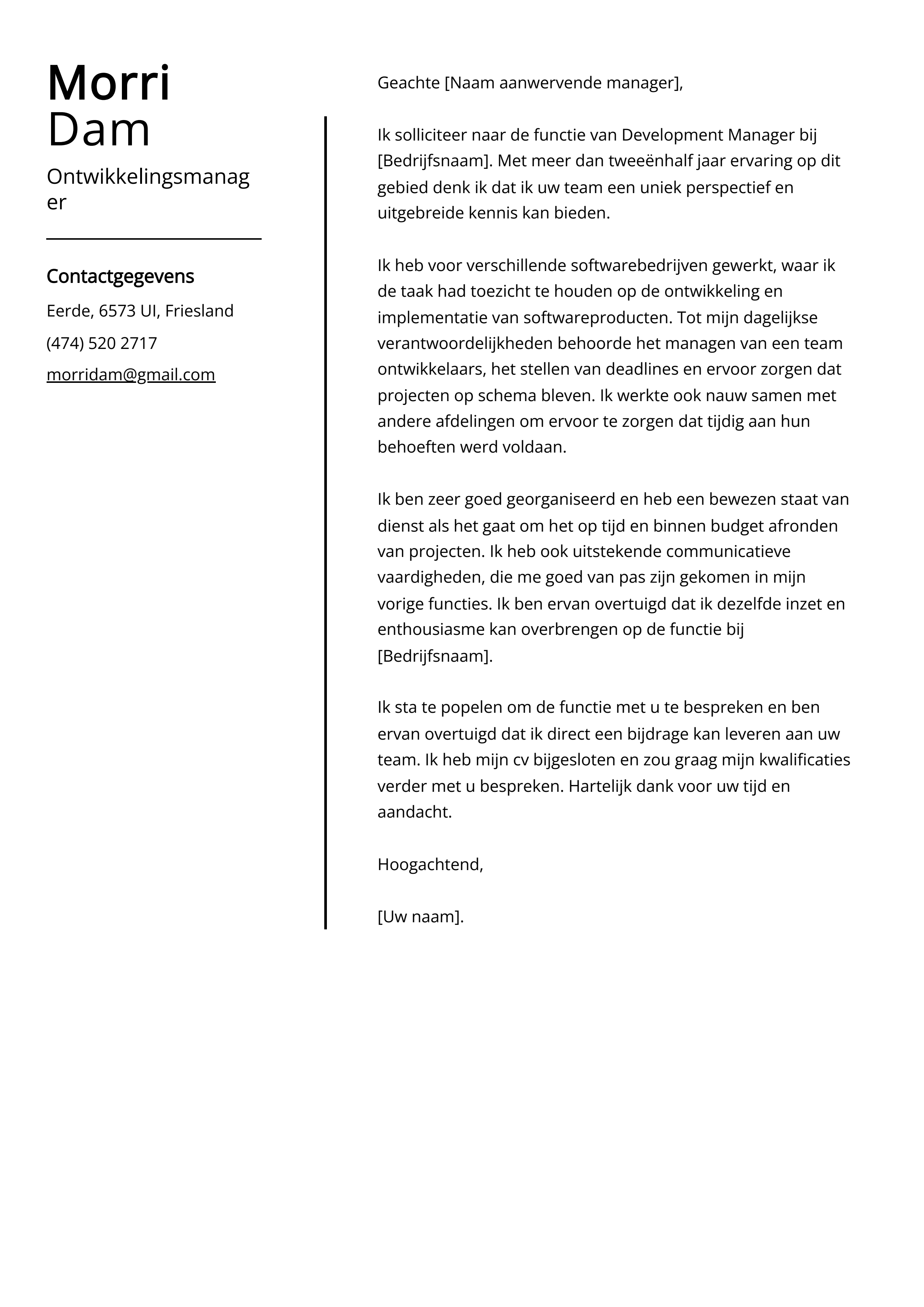 Ontwikkelingsmanager Sollicitatiebrief Voorbeeld