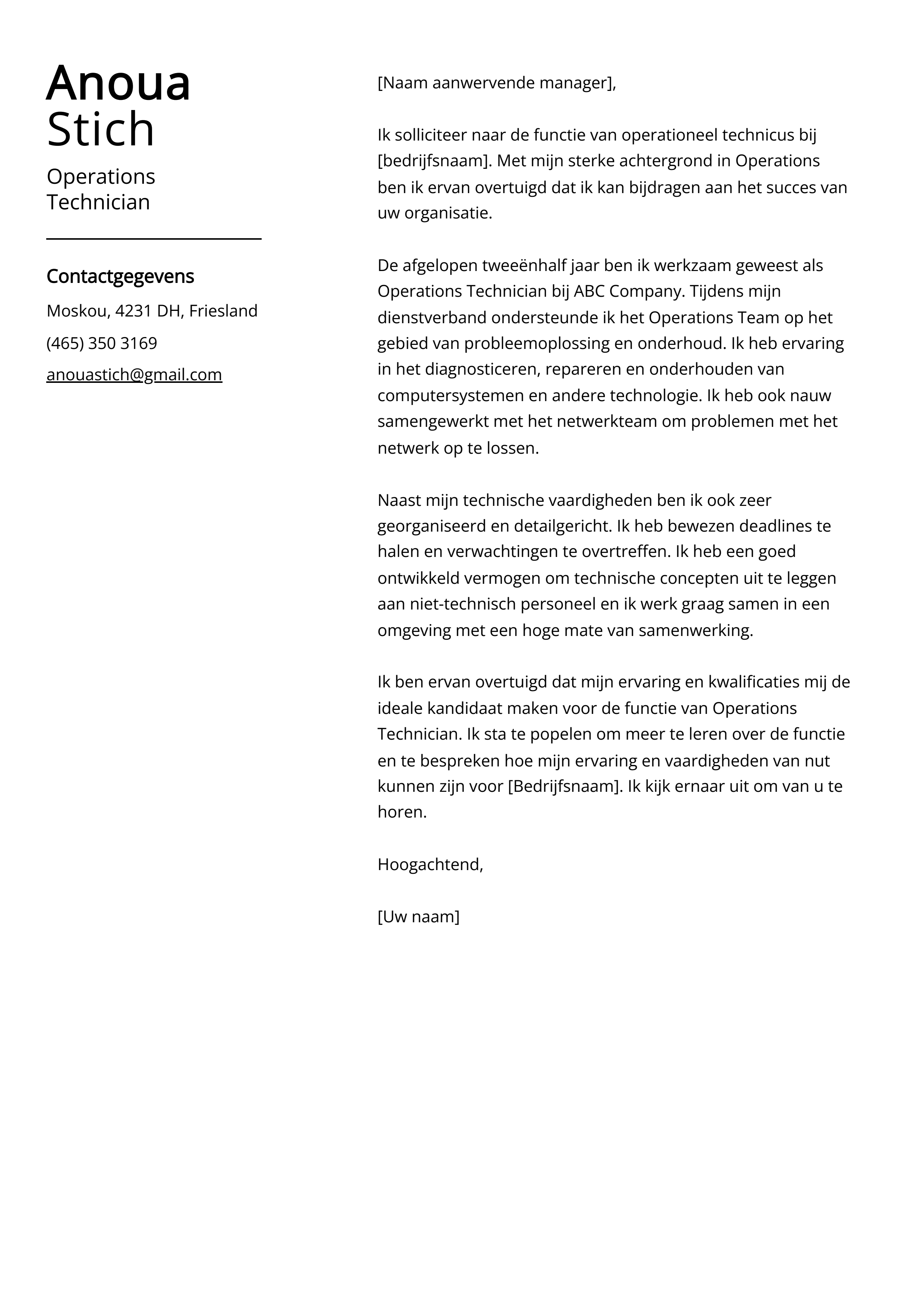 Operations Technician Voorbeeld sollicitatiebrief