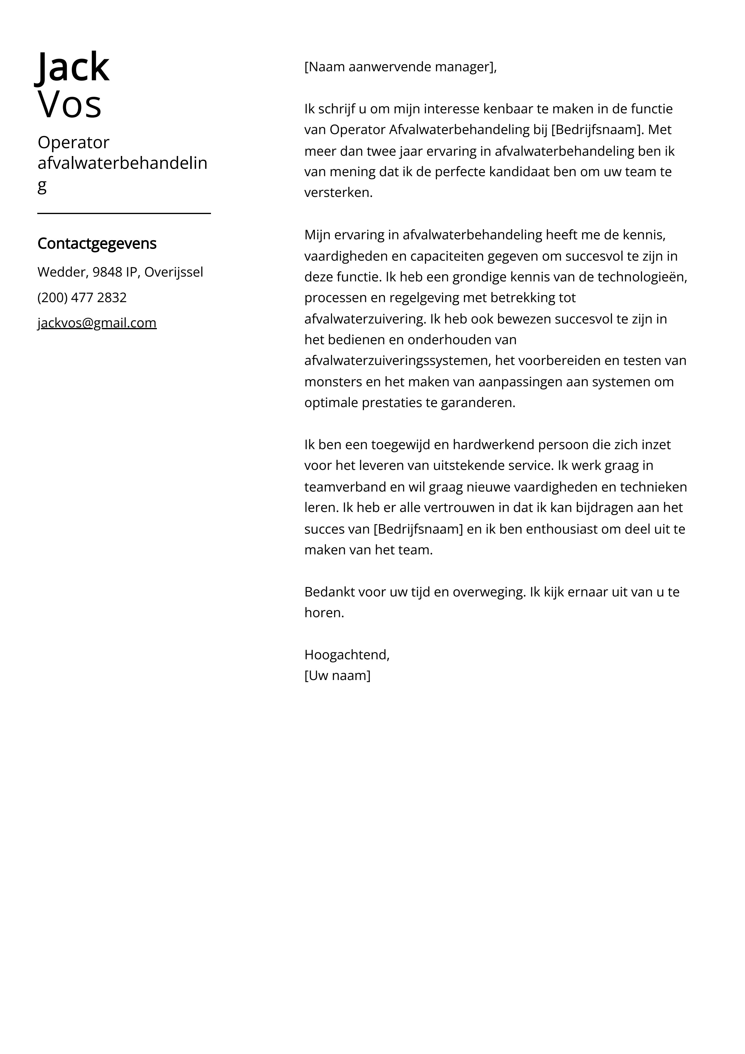 Operator afvalwaterbehandeling Cover Letter Voorbeeld