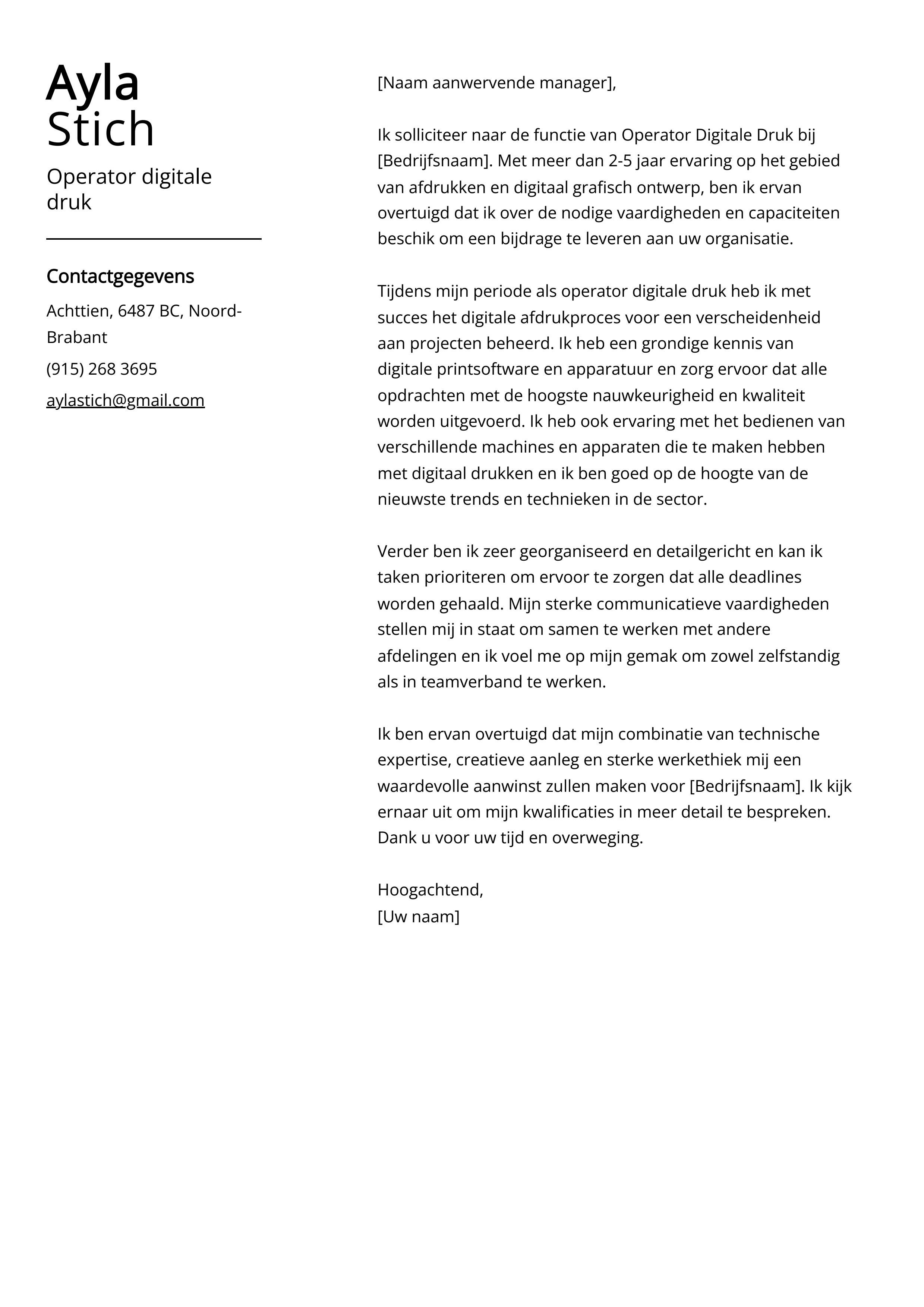 Operator digitale druk Cover Letter Voorbeeld