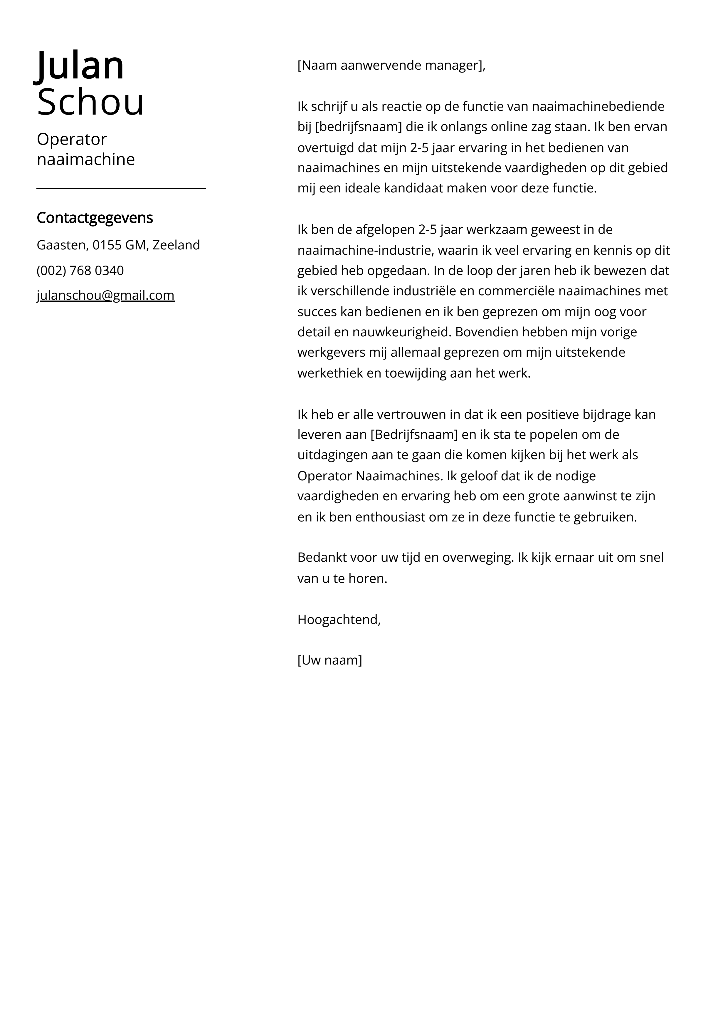 Operator naaimachine sollicitatiebrief voorbeeld