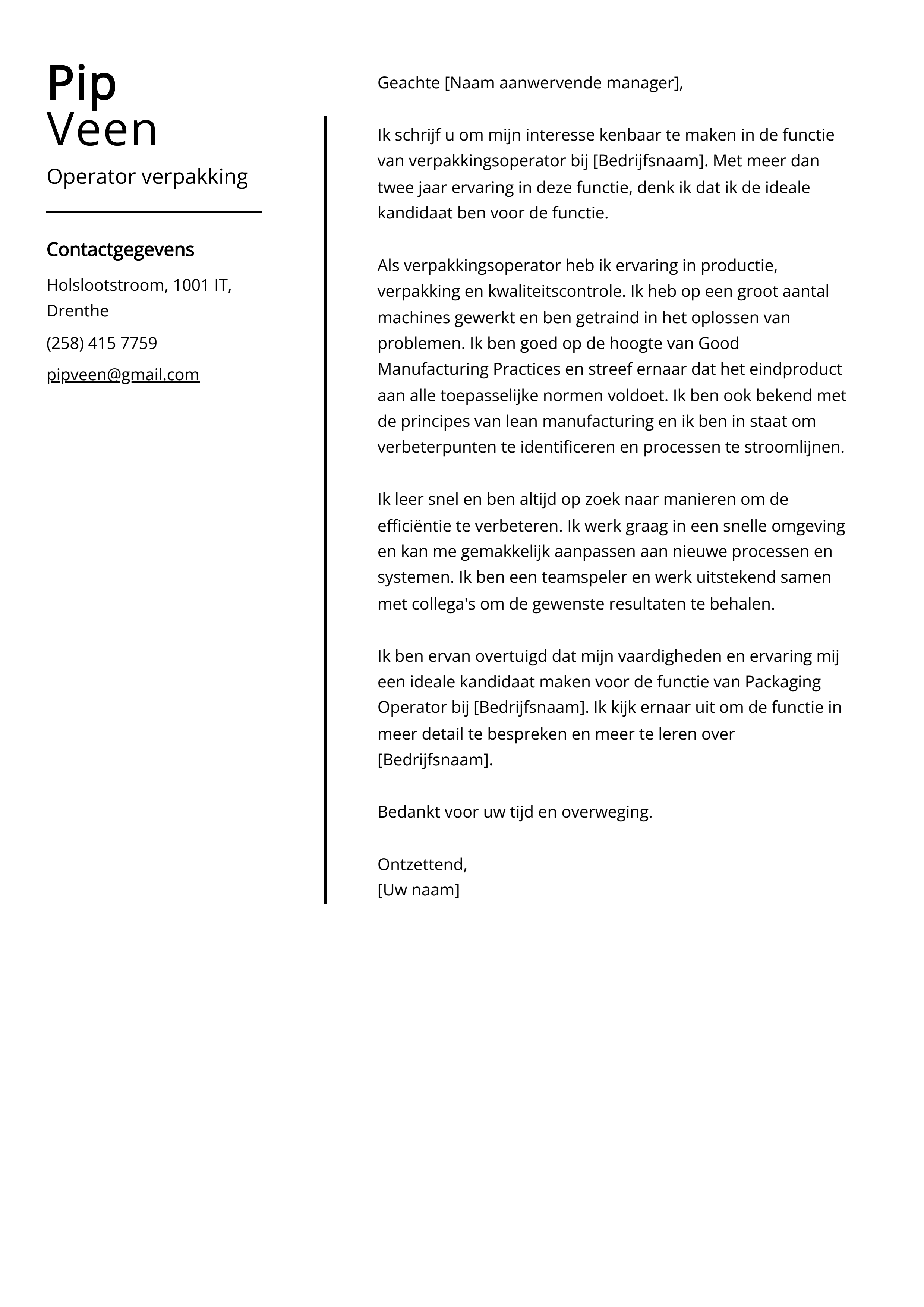 Operator verpakking Cover Letter Voorbeeld