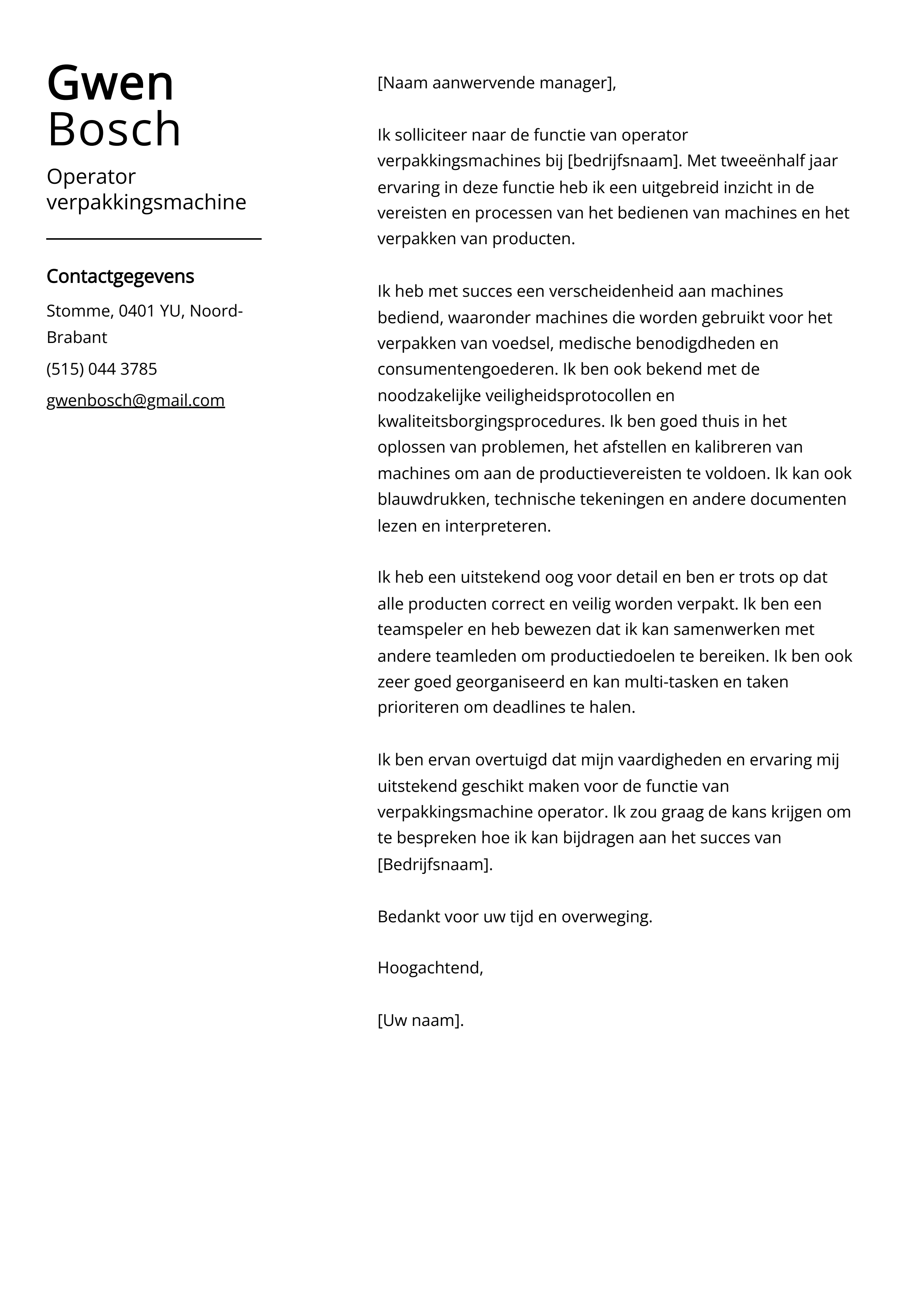 Operator verpakkingsmachine Cover Letter Voorbeeld