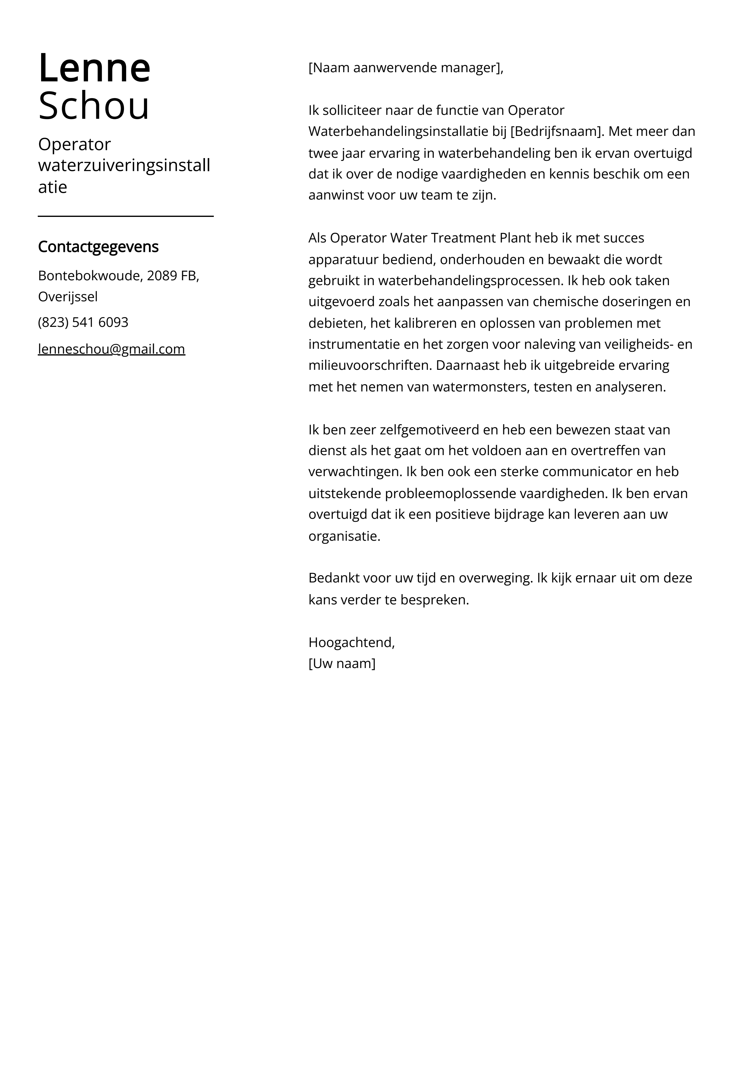 Operator waterzuiveringsinstallatie Cover Letter Voorbeeld