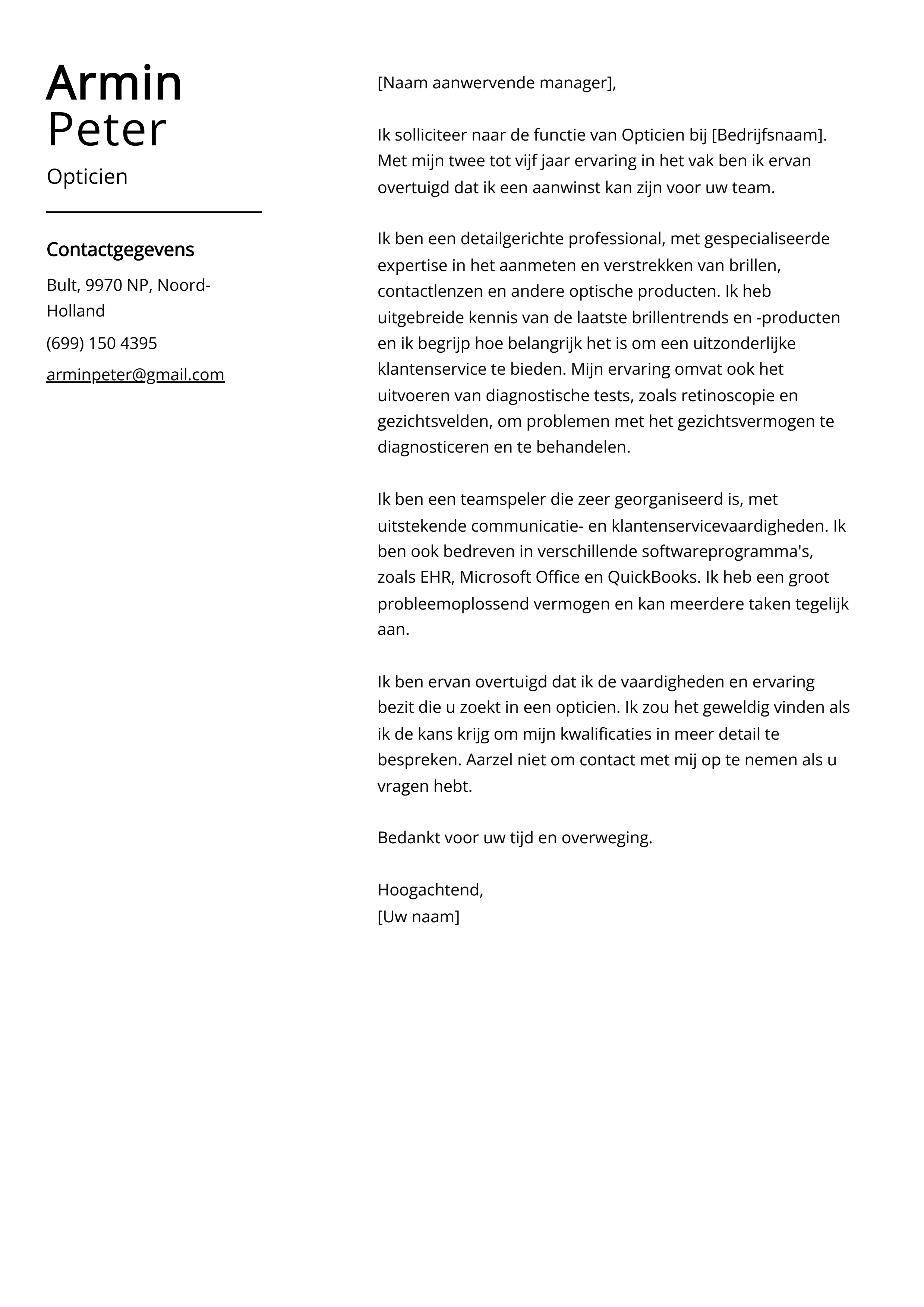 Opticien Sollicitatiebrief Voorbeeld