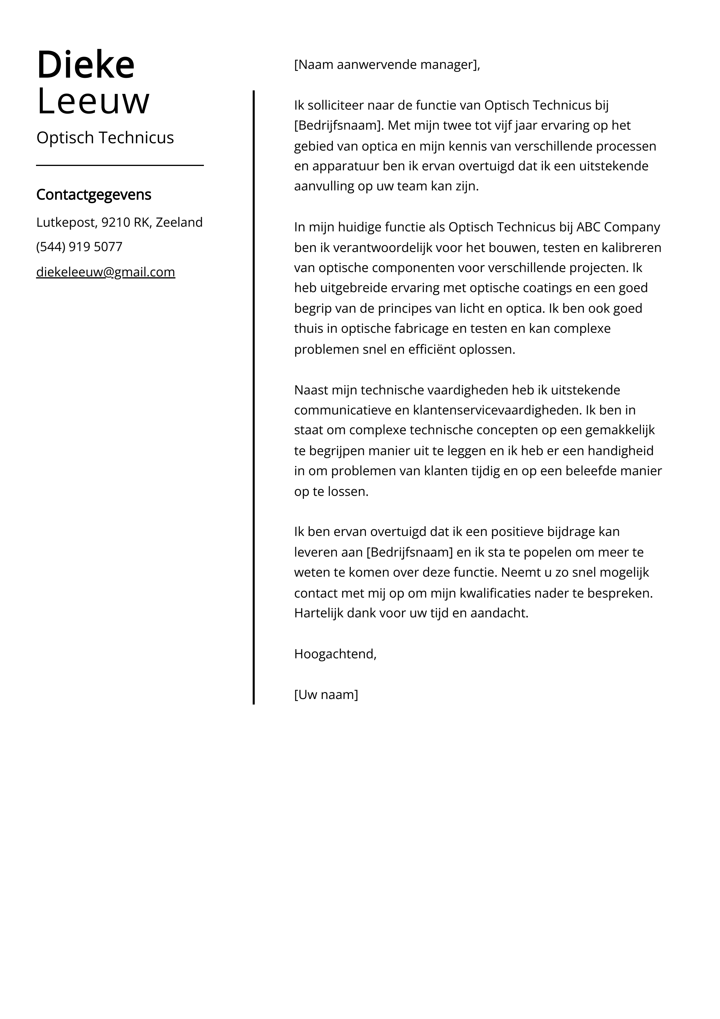 Optisch Technicus Sollicitatiebrief Voorbeeld