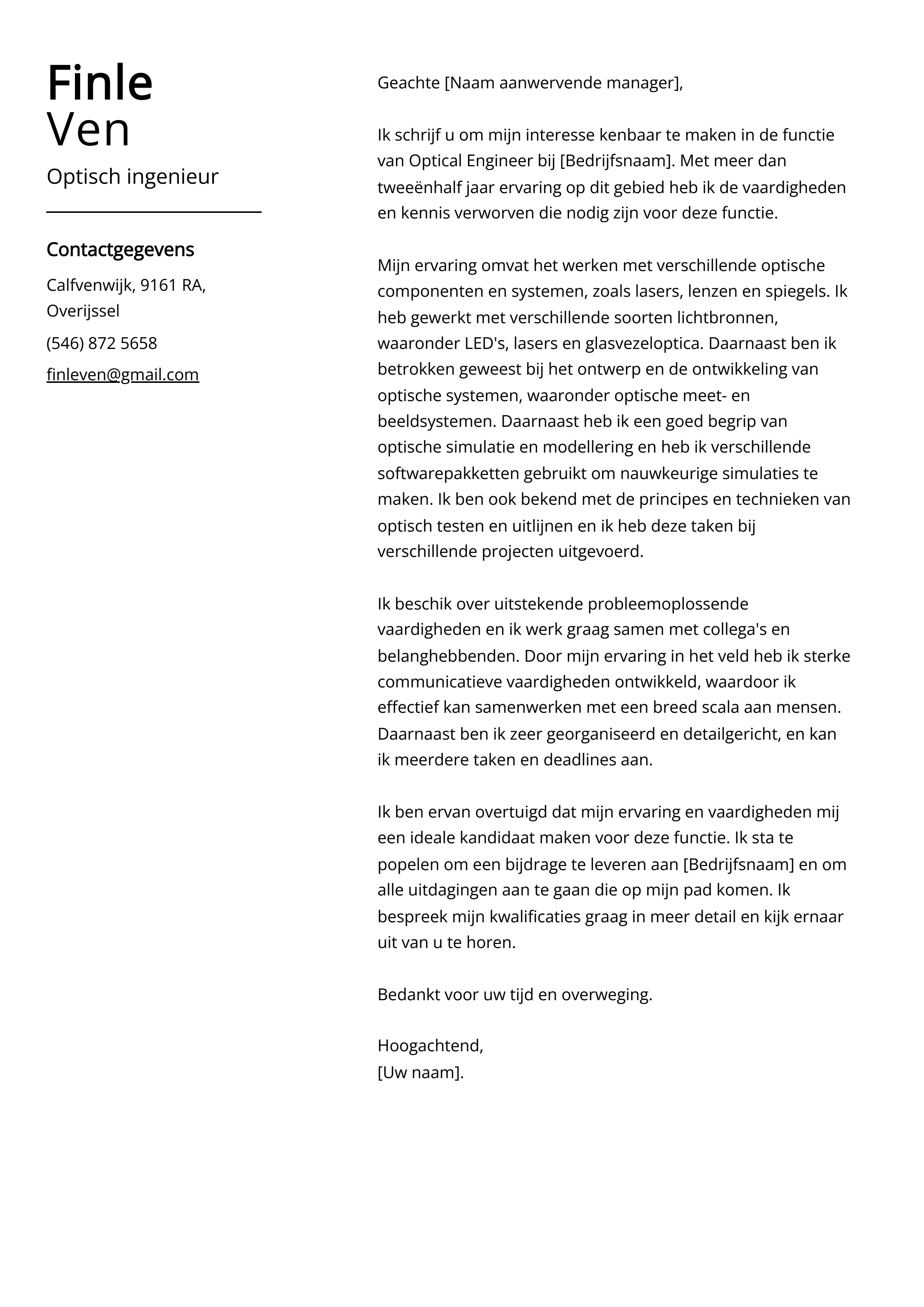 Optisch ingenieur Sollicitatiebrief Voorbeeld