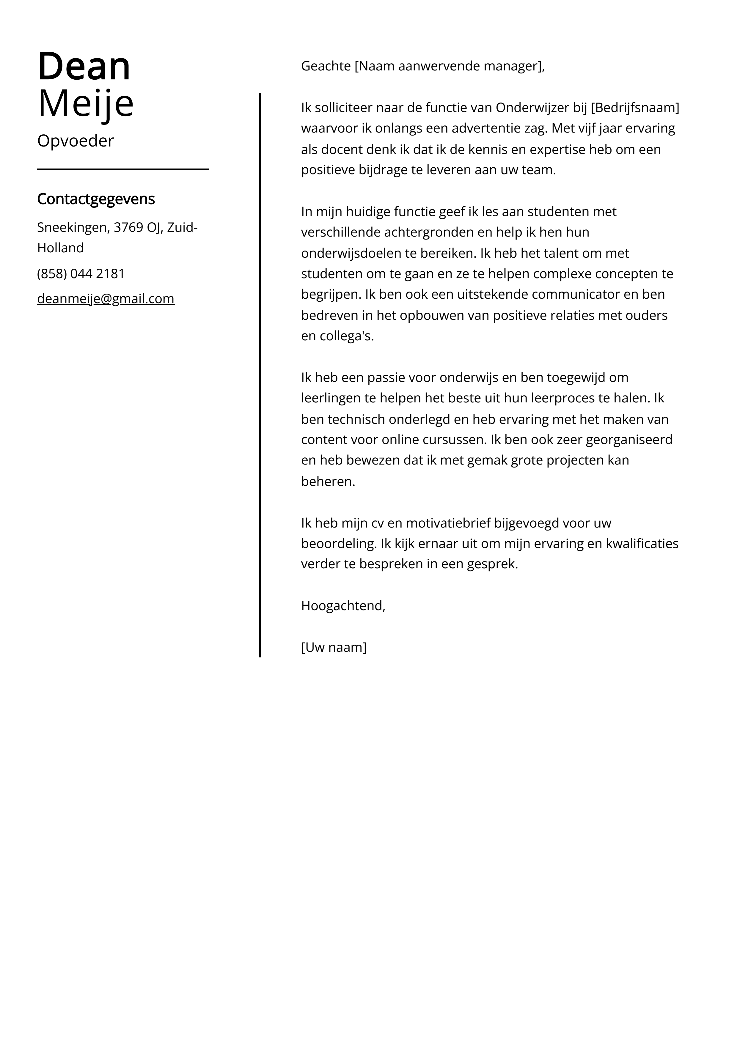 Opvoeder sollicitatiebrief voorbeeld