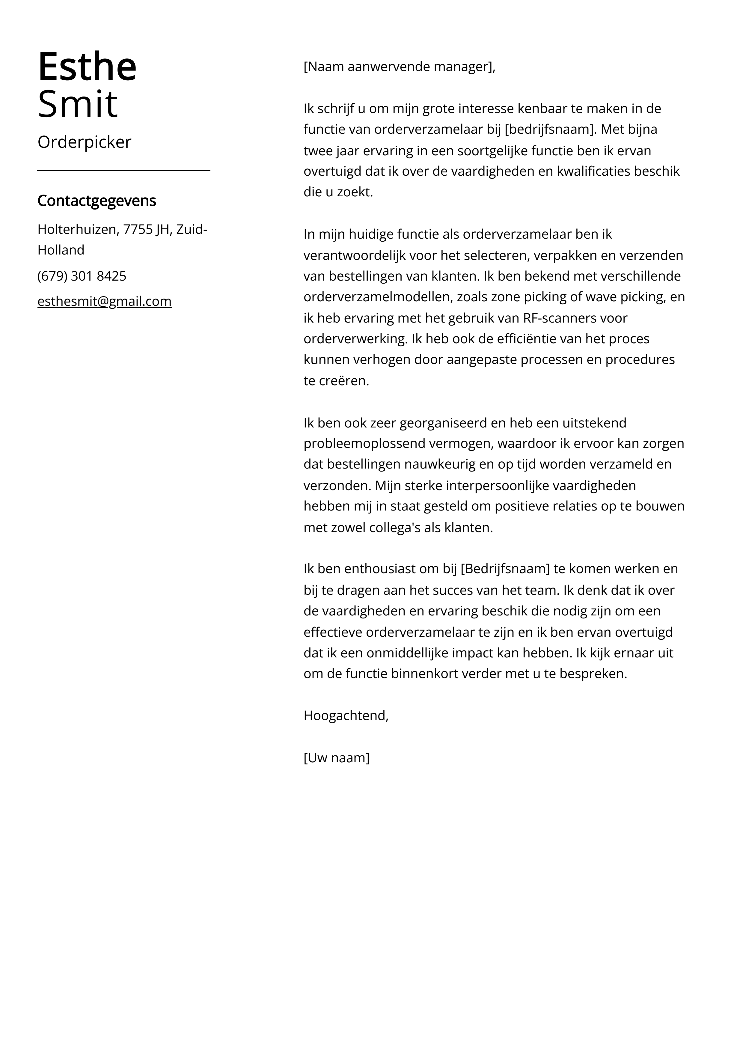 Voorbeeld sollicitatiebrief orderpicker