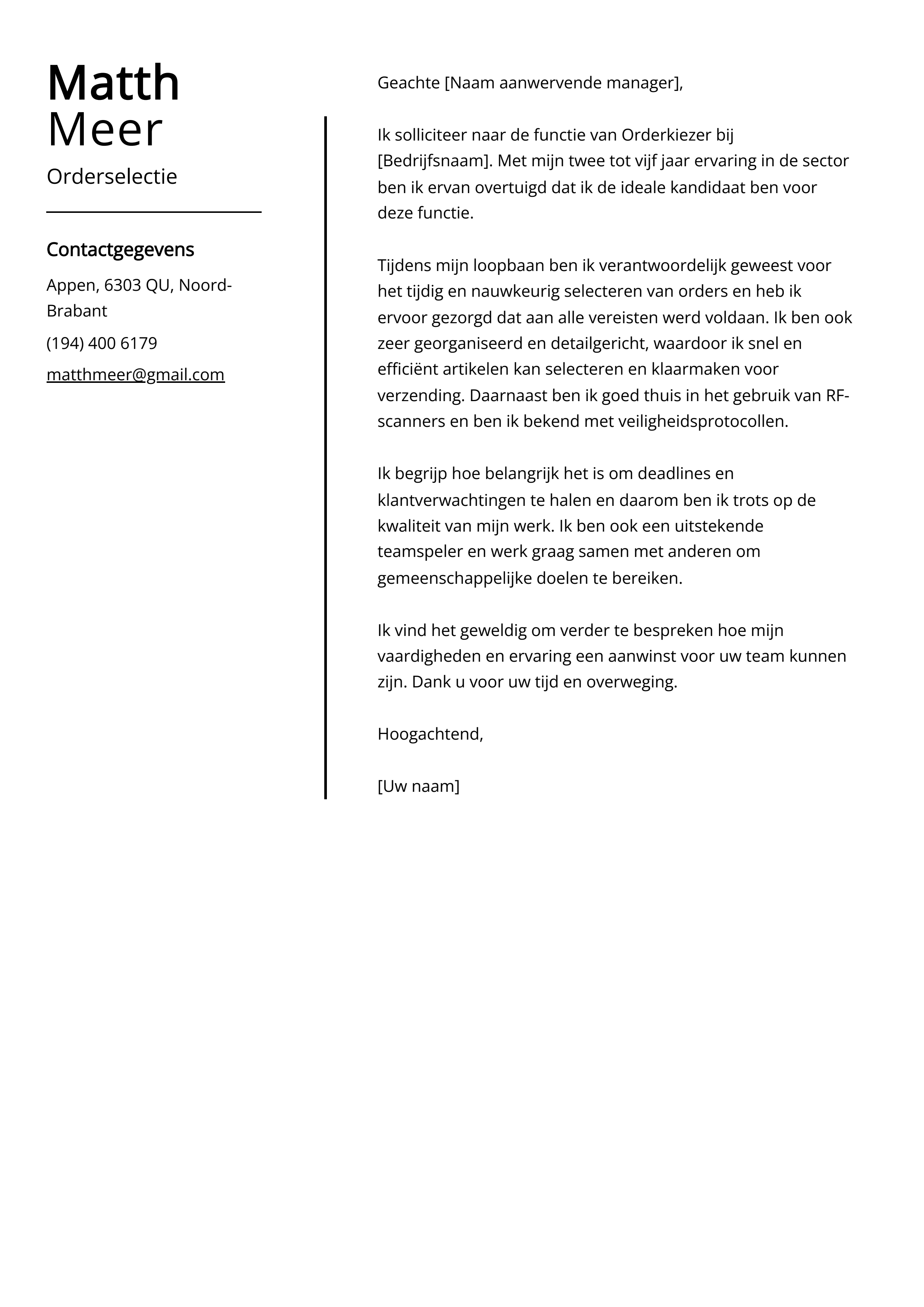 Voorbeeld sollicitatiebrief Orderselectie