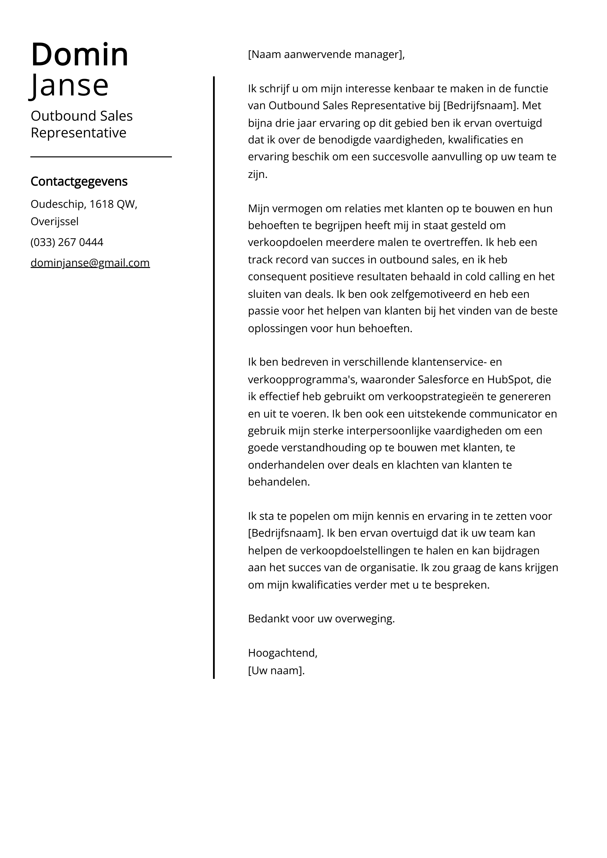 Outbound Sales Representative Voorbeeld sollicitatiebrief