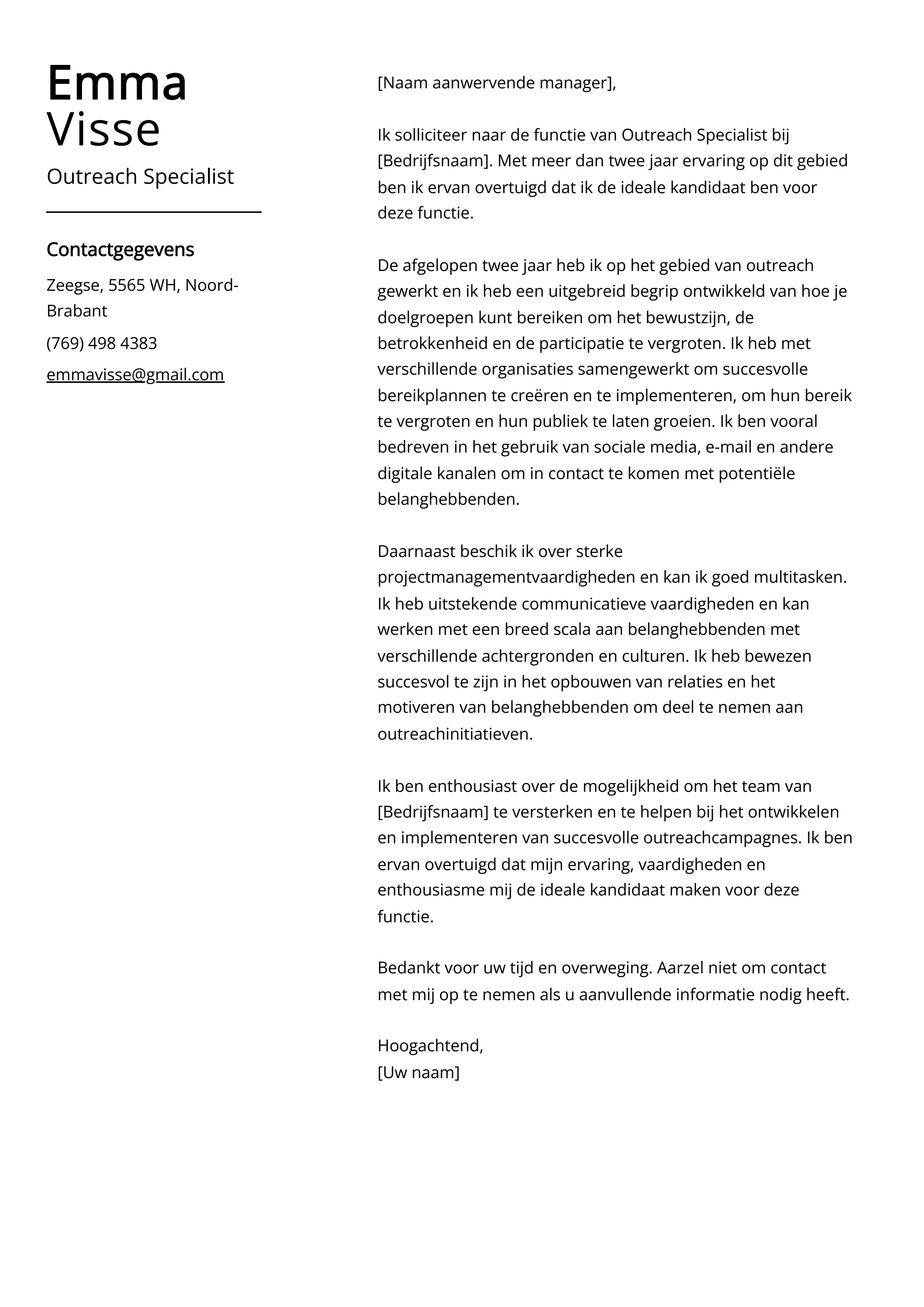 Outreach Specialist Voorbeeld sollicitatiebrief