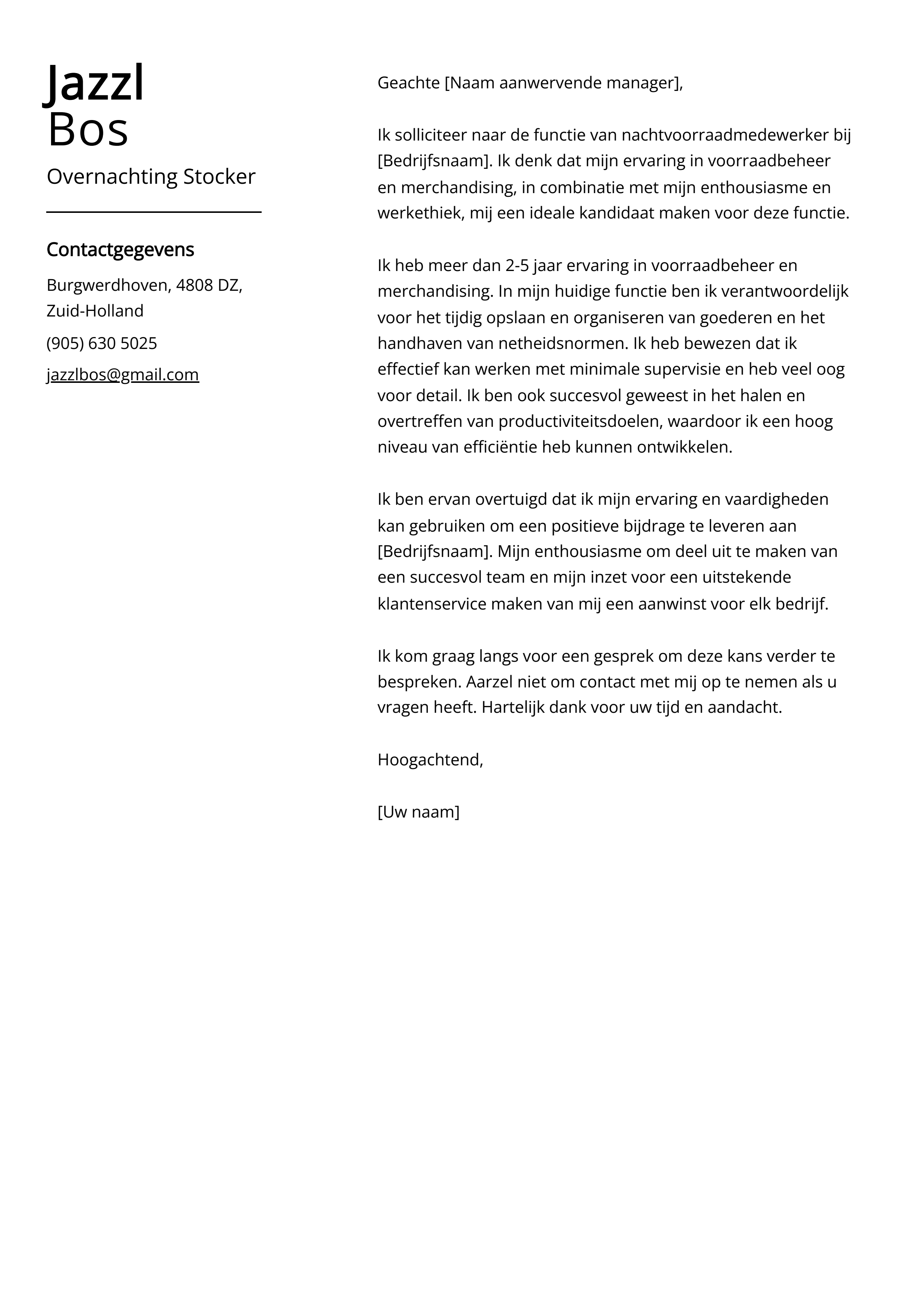 Overnachting Stocker Cover Letter Voorbeeld