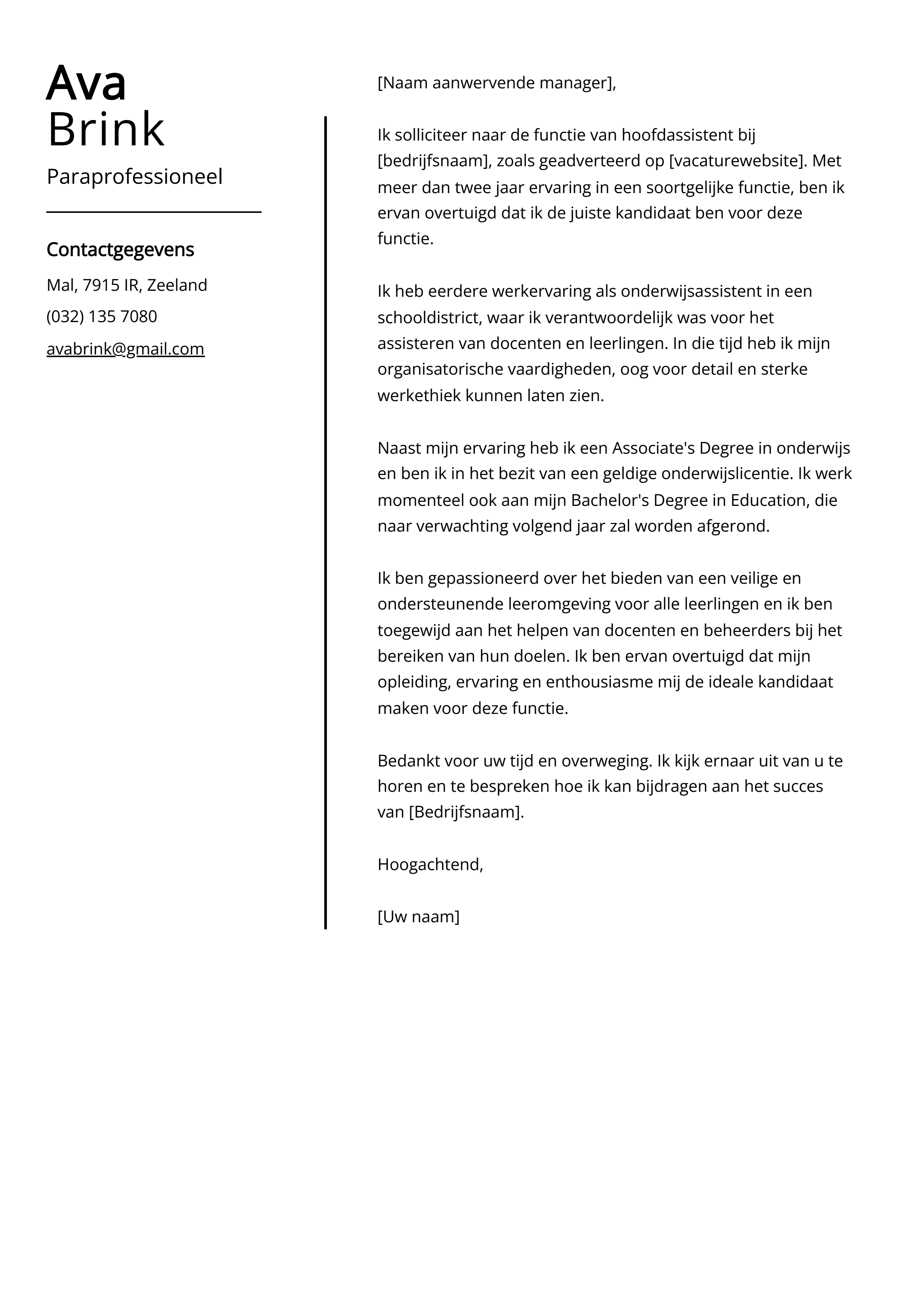 Paraprofessioneel Sollicitatiebrief Voorbeeld