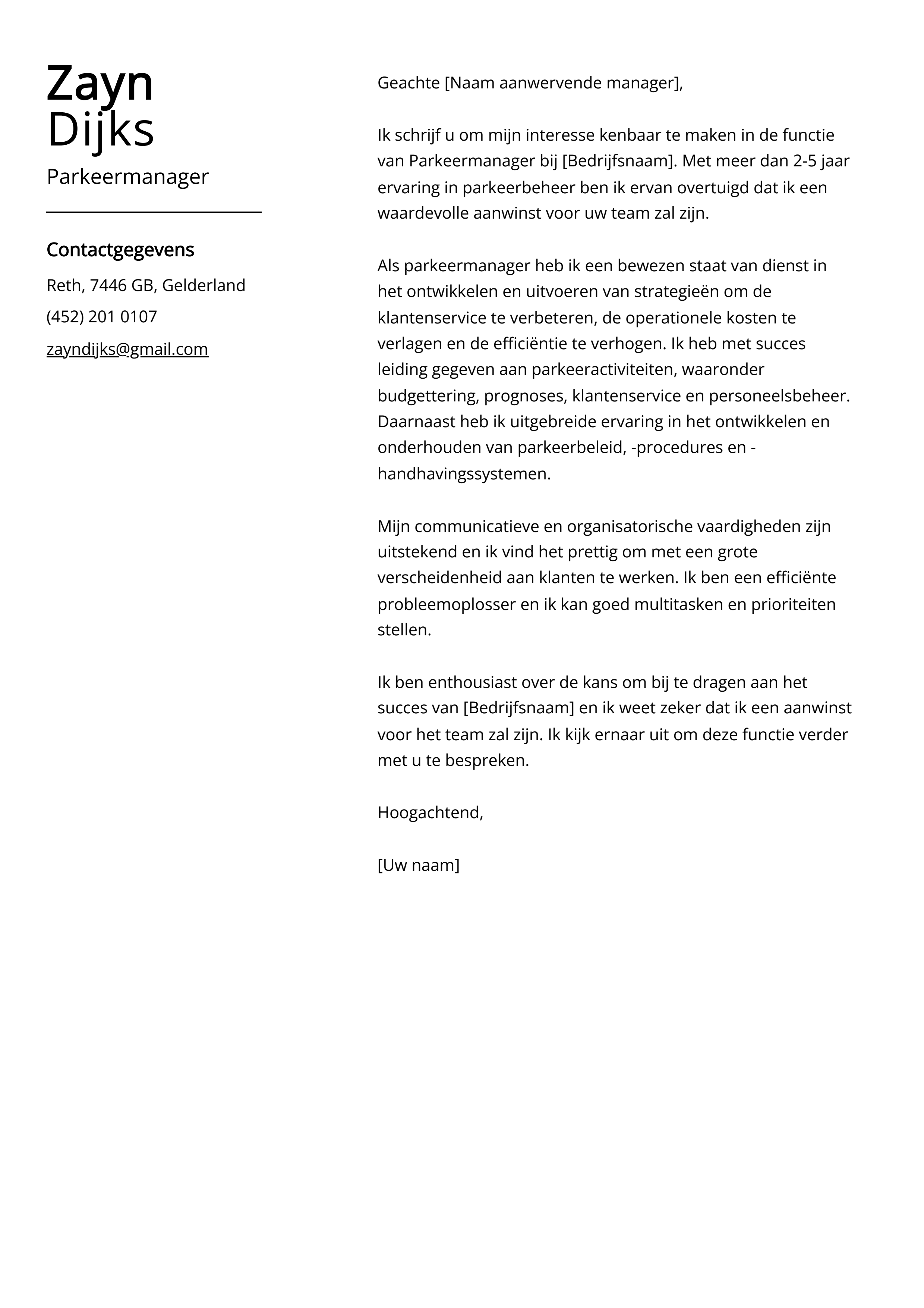 Parkeermanager Sollicitatiebrief Voorbeeld