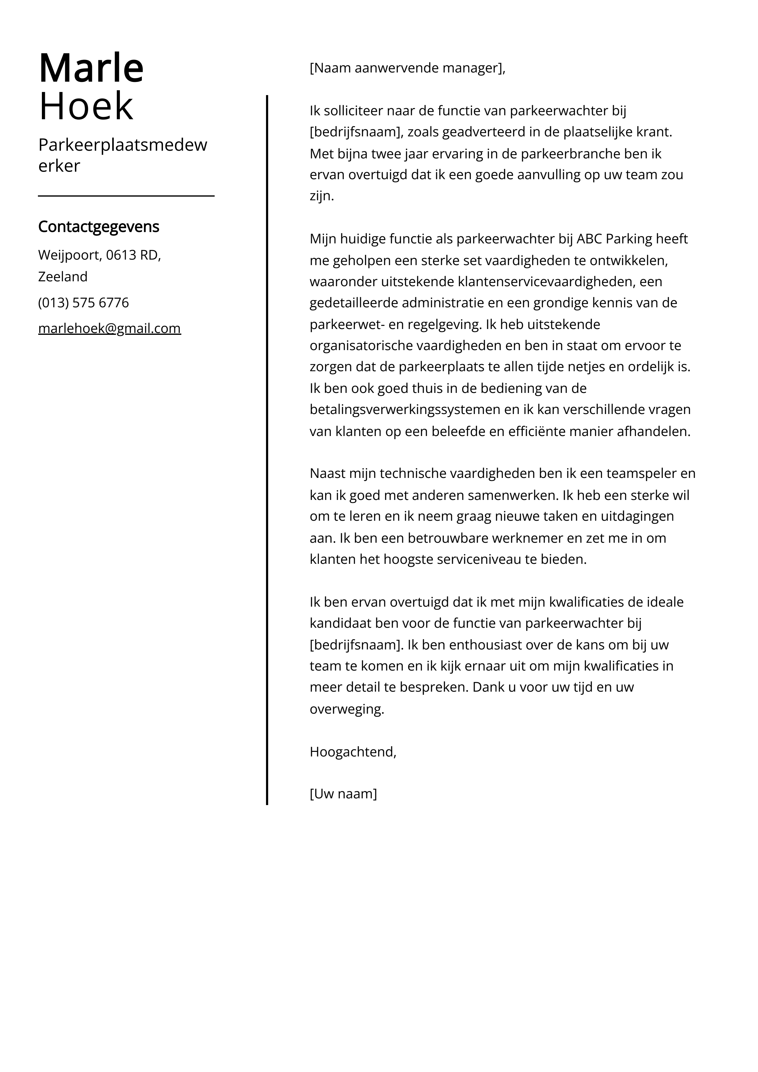 Parkeerplaatsmedewerker Cover Letter Voorbeeld