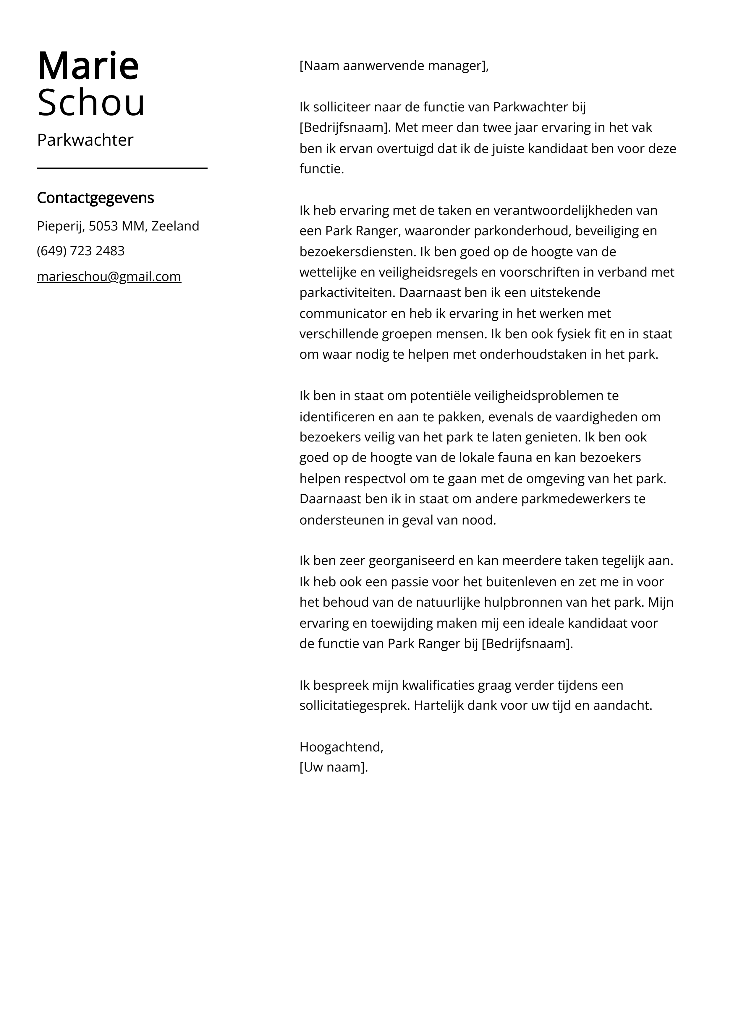 Parkwachter Sollicitatiebrief Voorbeeld