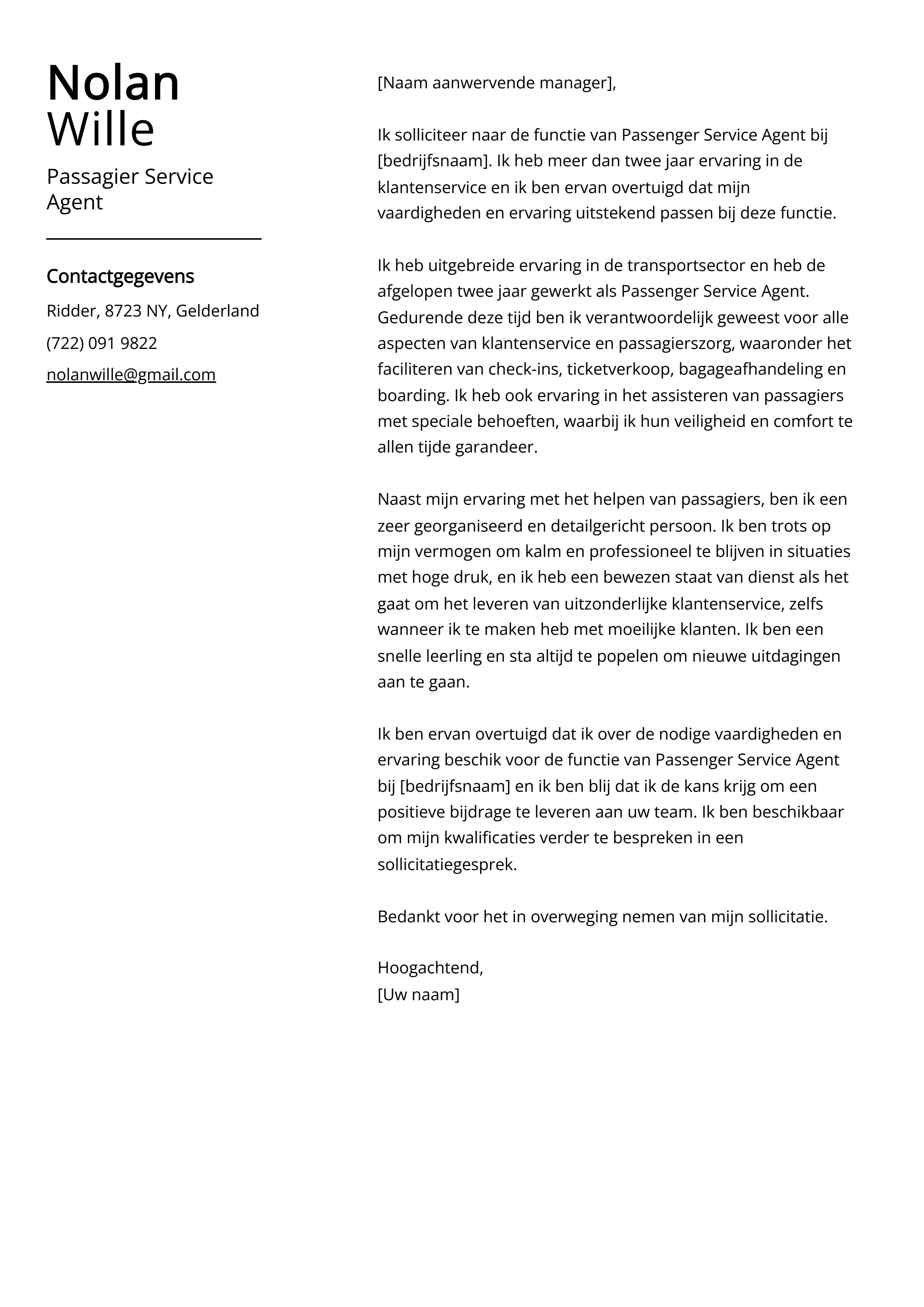 Passagier Service Agent Voorbeeld sollicitatiebrief