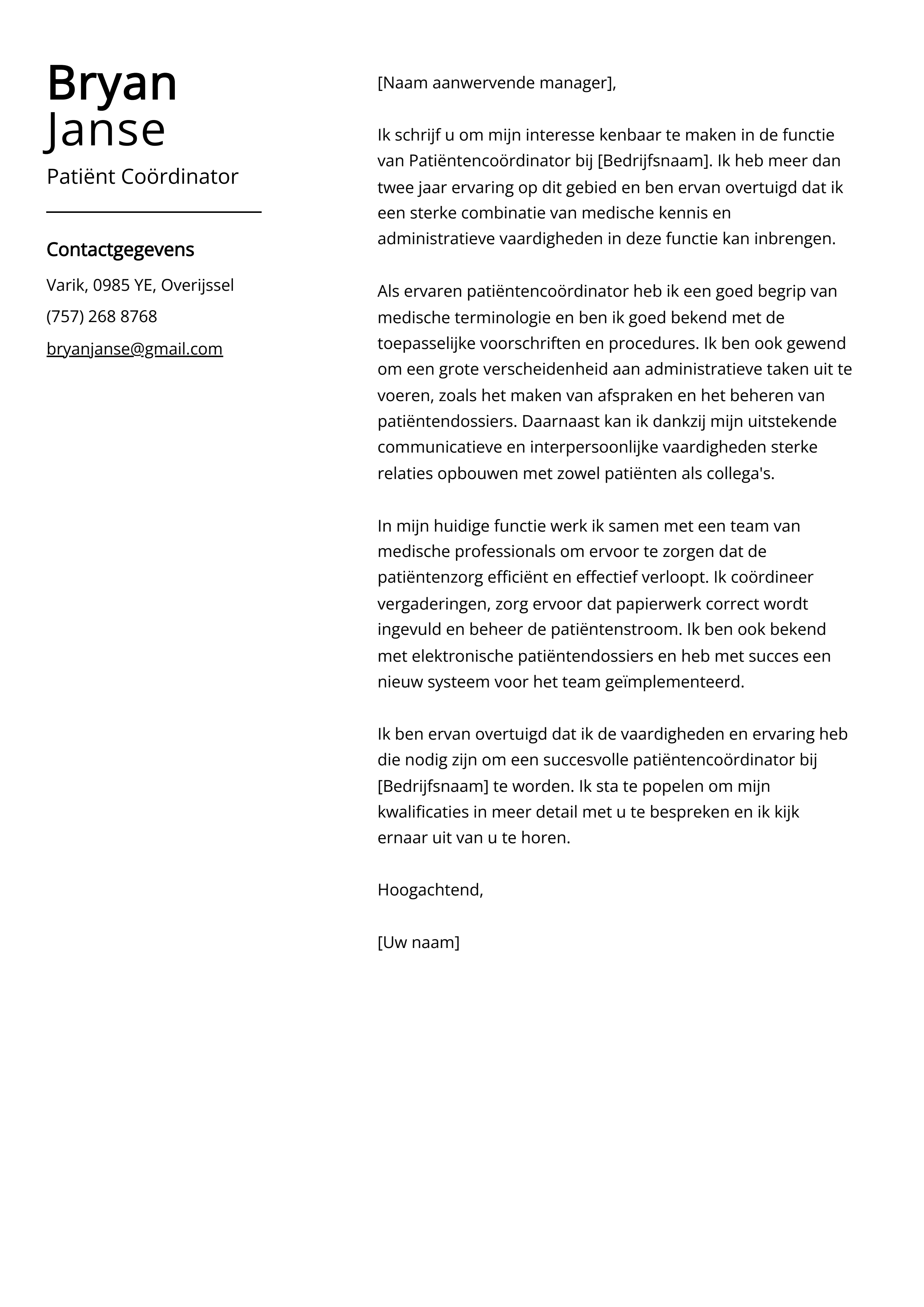 Patiënt Coördinator Voorbeeld sollicitatiebrief