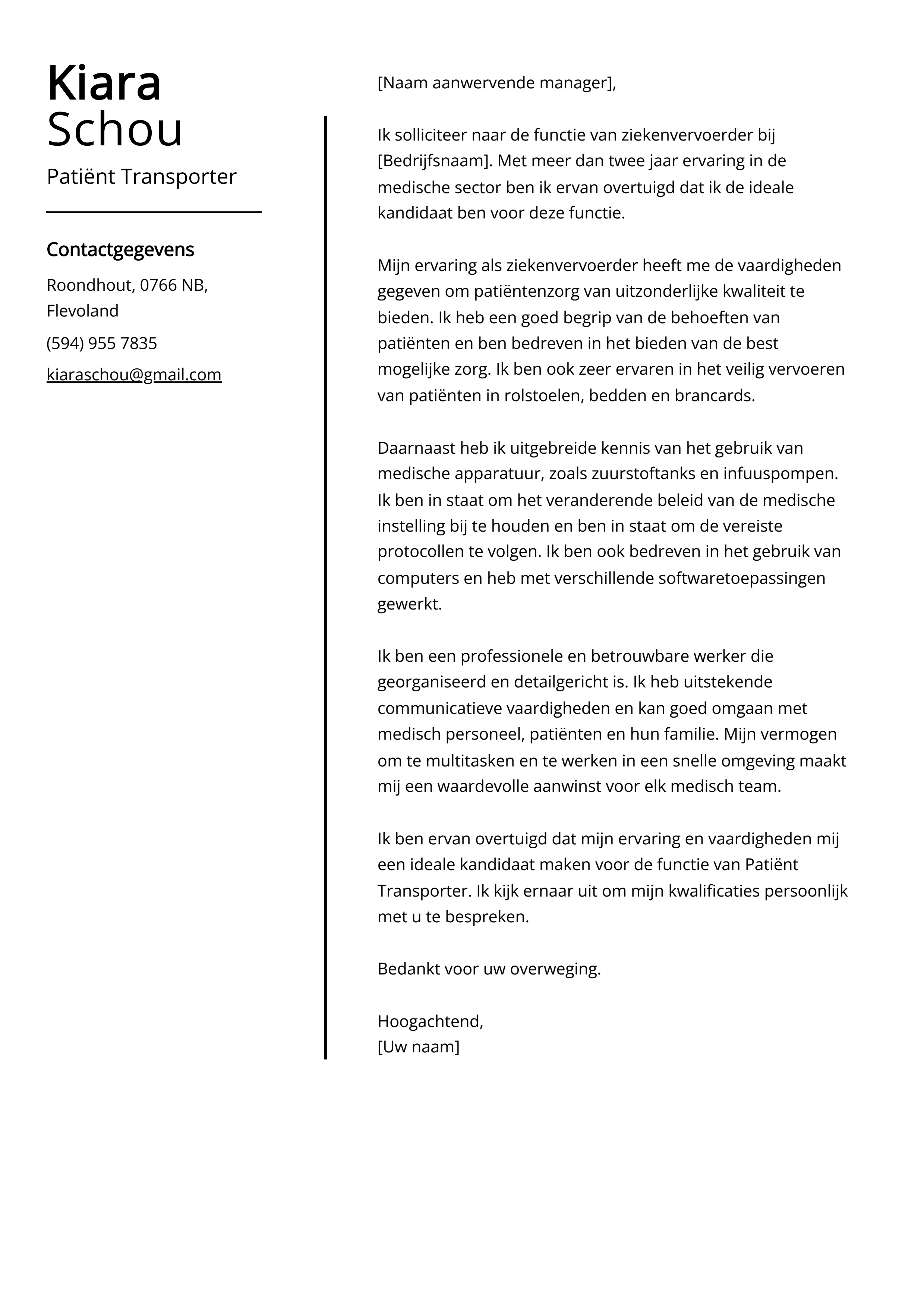 Voorbeeld sollicitatiebrief voor patiënttransporteur