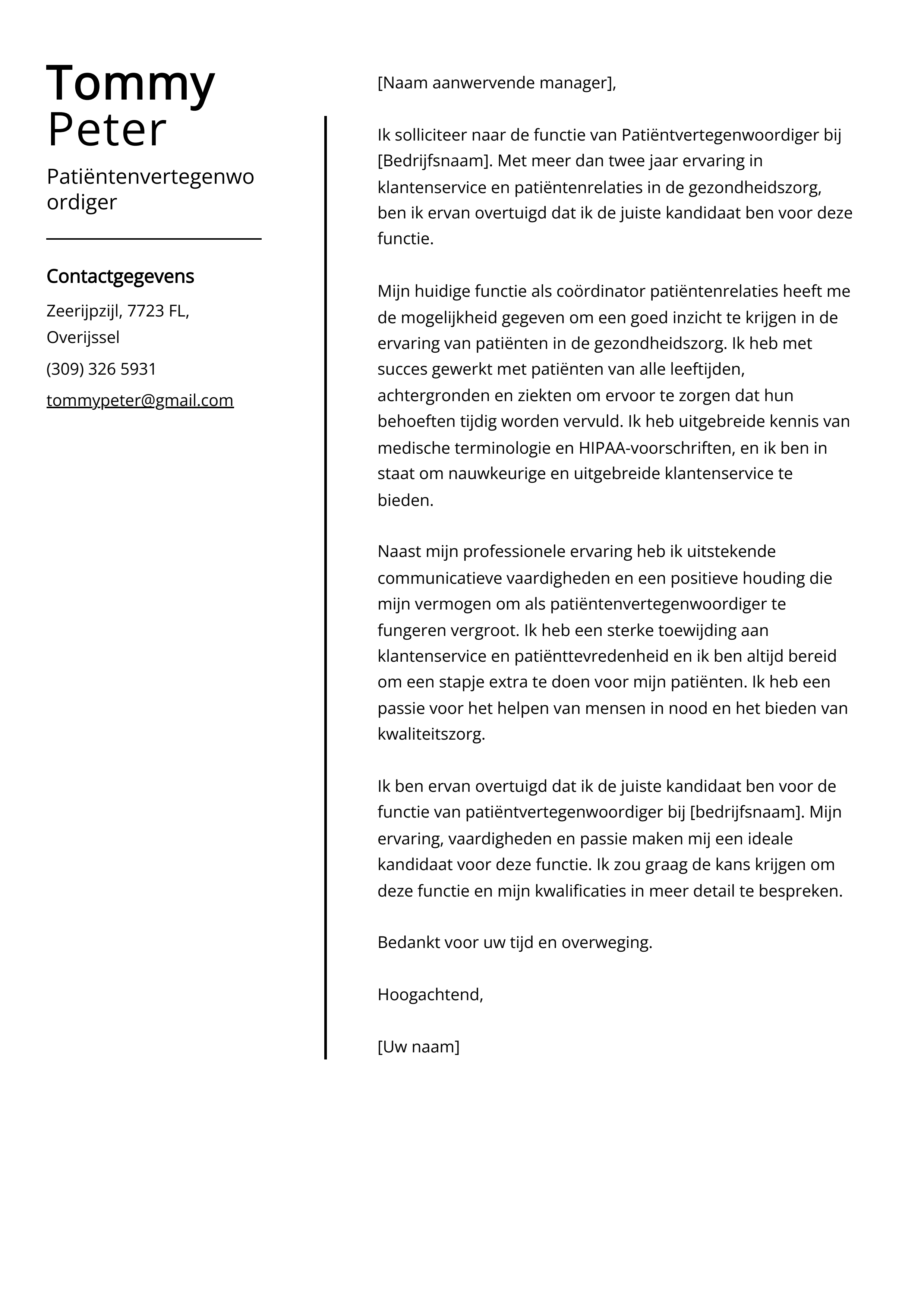 Patiëntenvertegenwoordiger Voorbeeld sollicitatiebrief