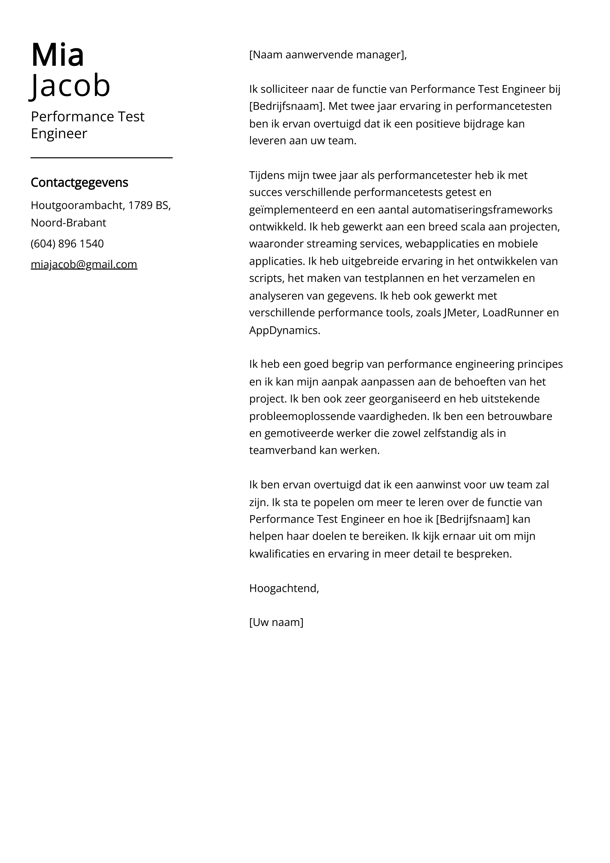 Performance Test Engineer Voorbeeld sollicitatiebrief