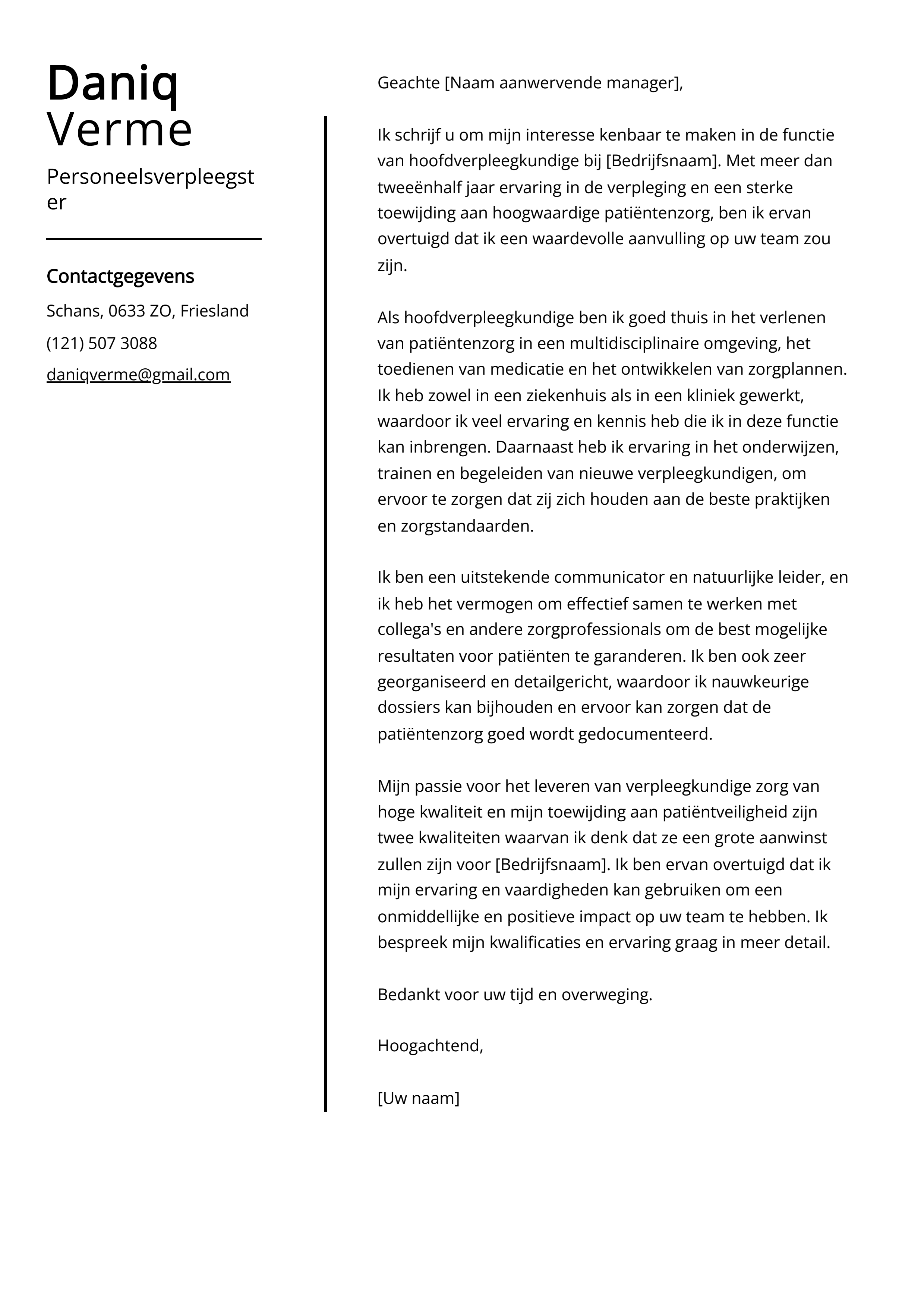 Personeelsverpleegster Voorbeeld sollicitatiebrief