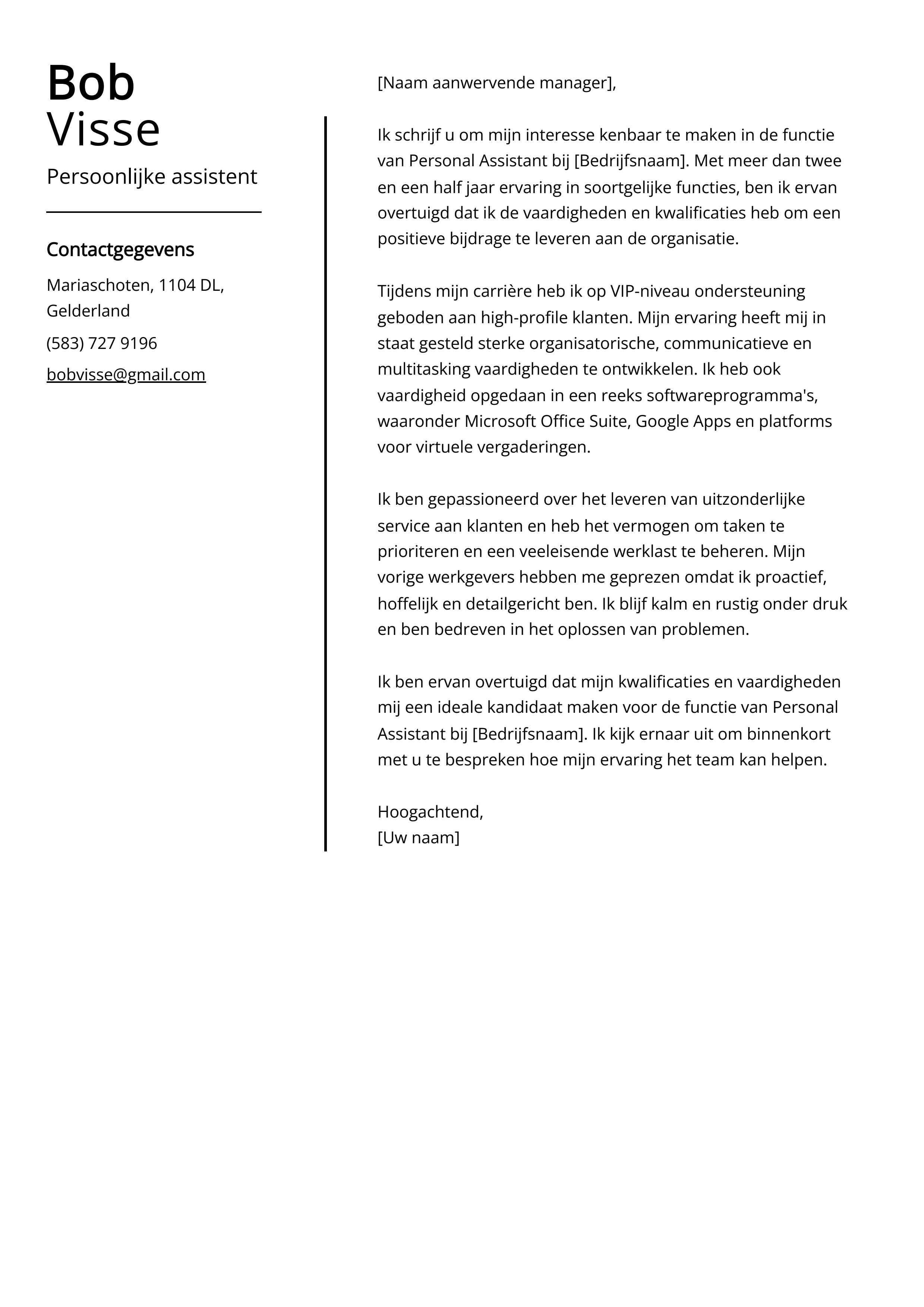 Persoonlijke assistent Cover Letter Voorbeeld