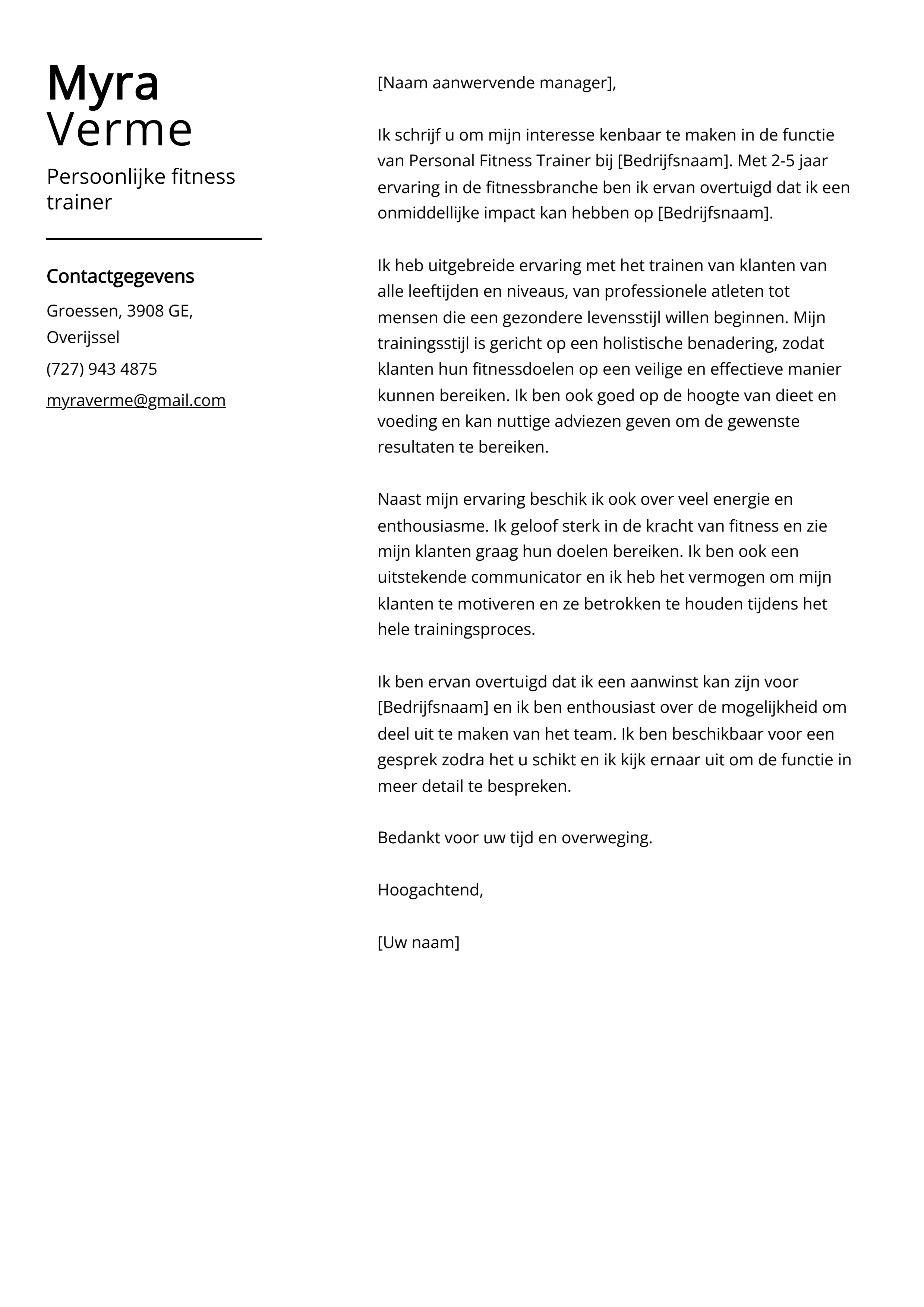 Persoonlijke fitness trainer Voorbeeld sollicitatiebrief