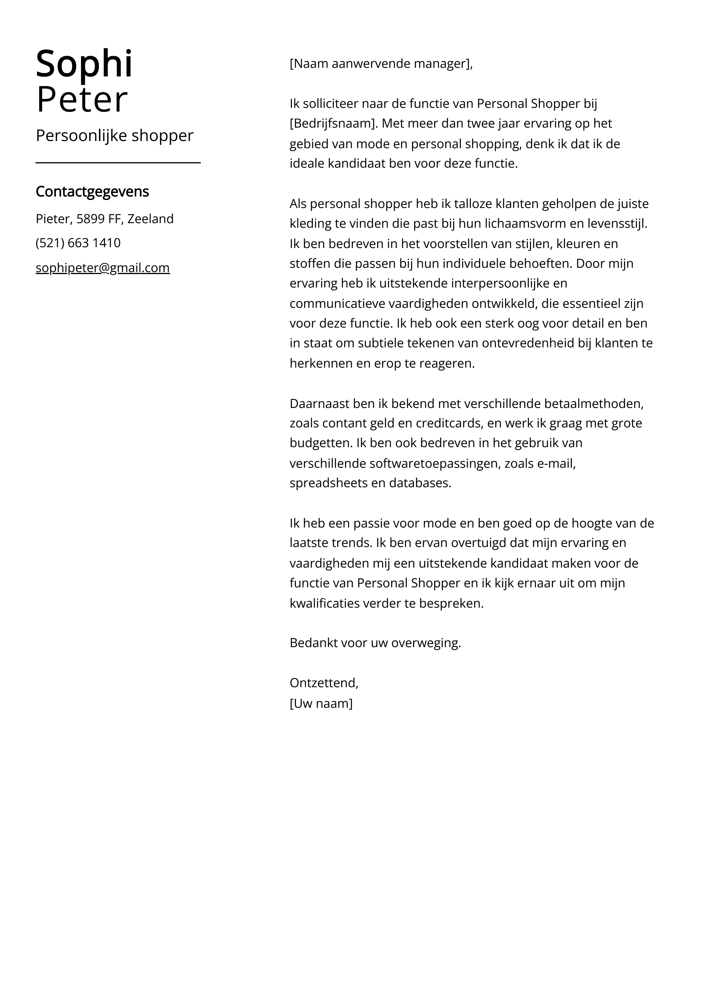 Persoonlijke shopper Sollicitatiebrief Voorbeeld