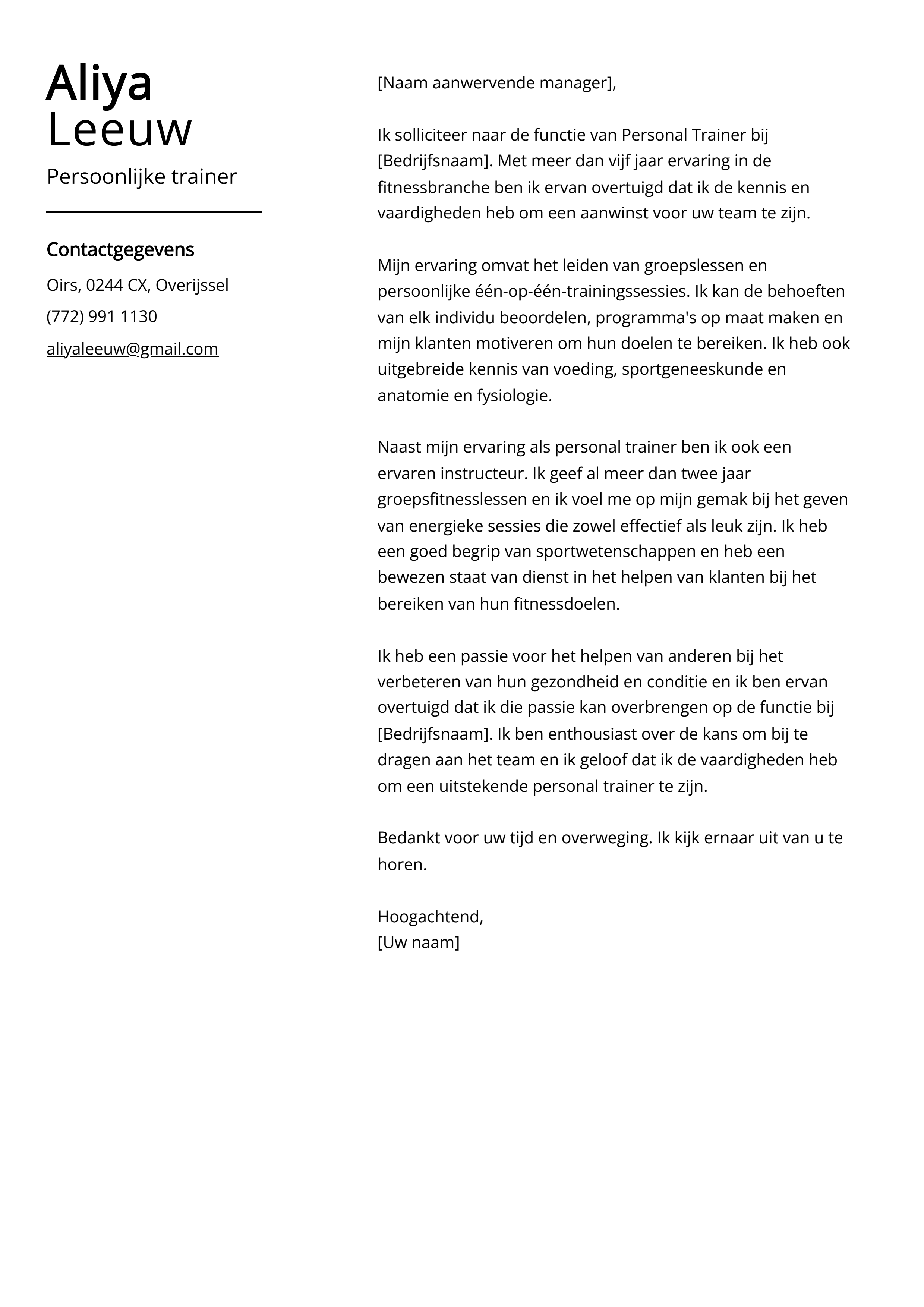 Persoonlijke trainer Voorbeeld sollicitatiebrief