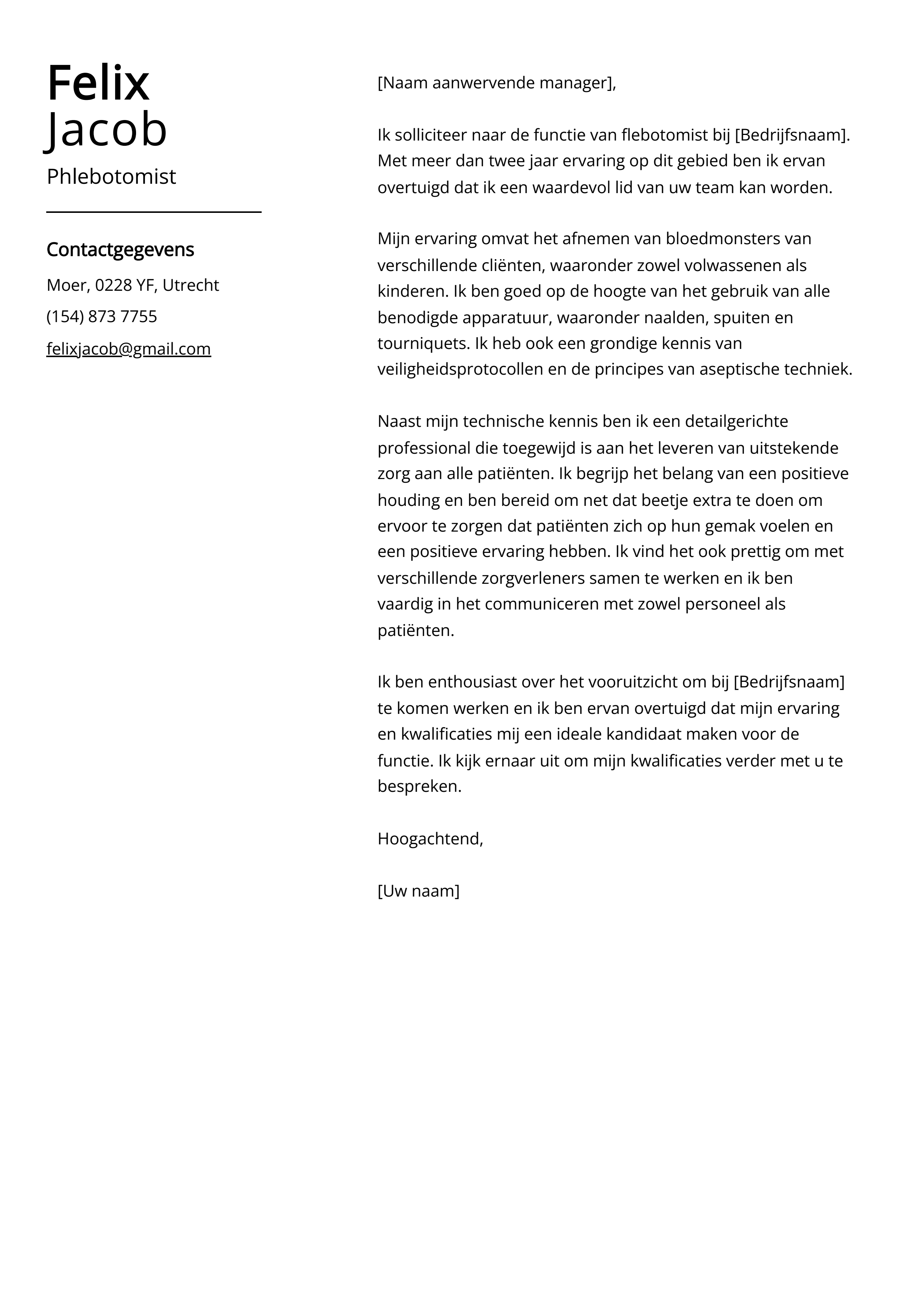 Phlebotomist Voorbeeld sollicitatiebrief